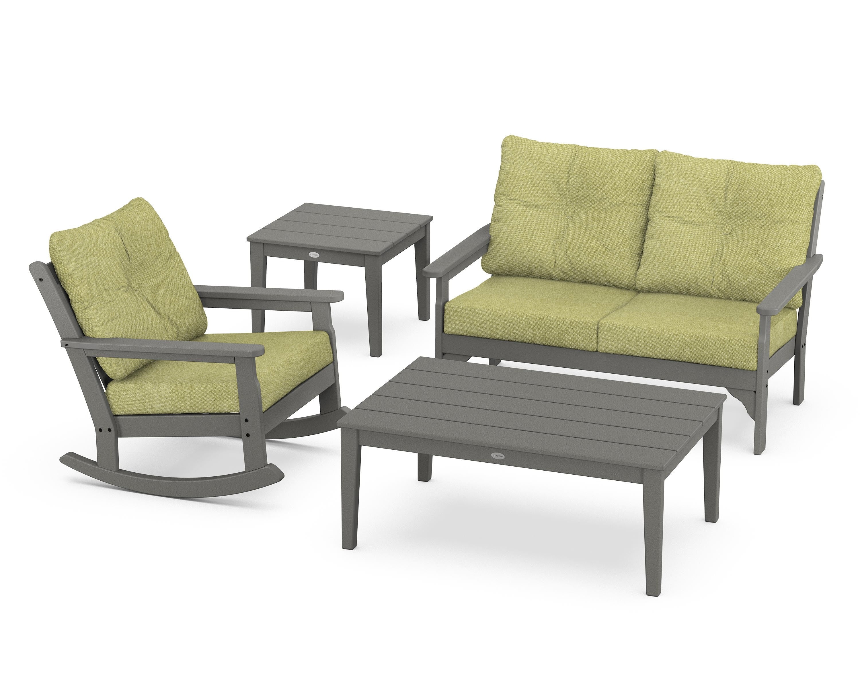 POLYWOOD® Vineyard 4-Piece Deep Seating Rocker Set in Slate Grey / Chartreuse Boucle