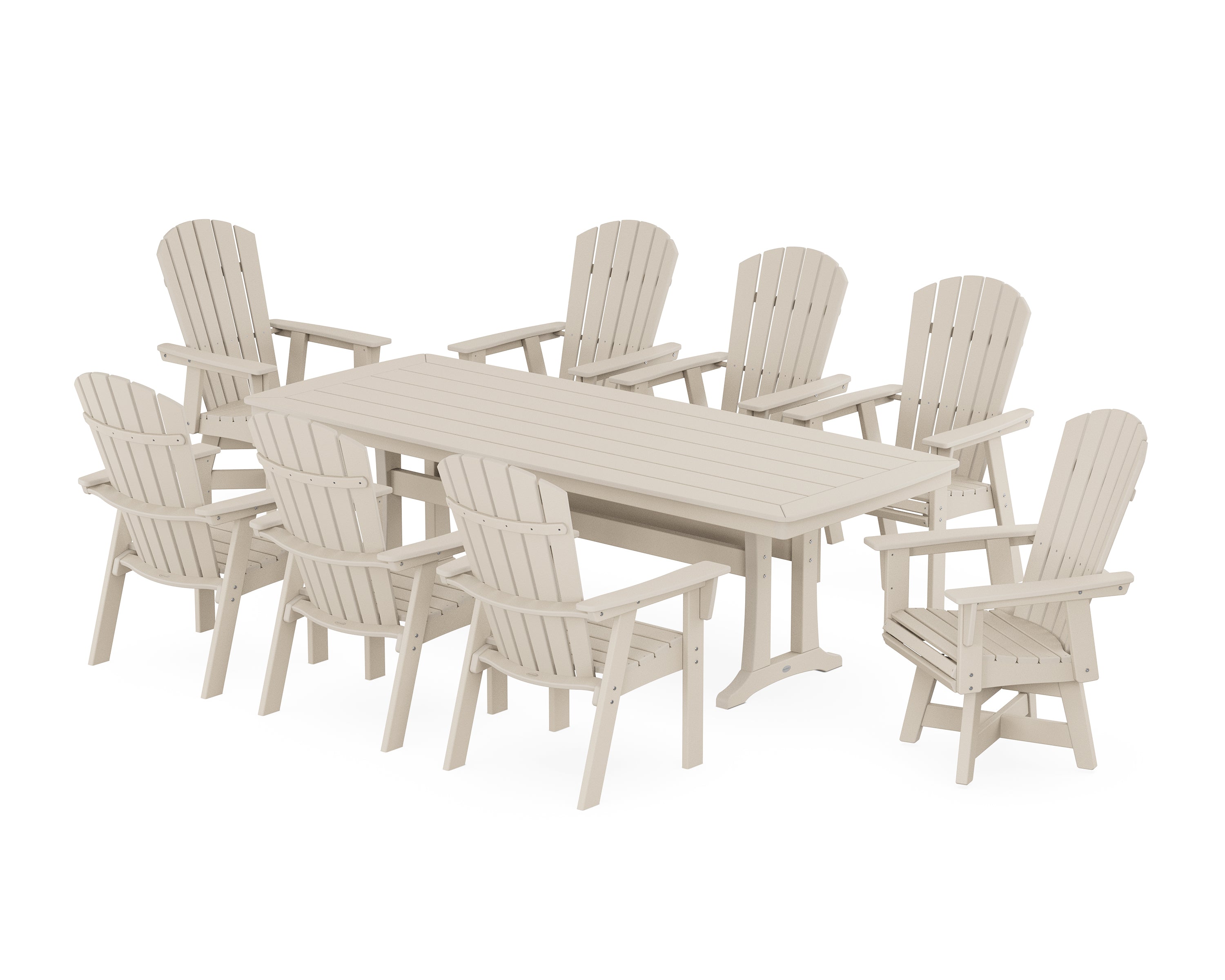 POLYWOOD® Nautical Curveback Adirondack Swivel 9-Piece Dining Set with Trestle Legs in Sand