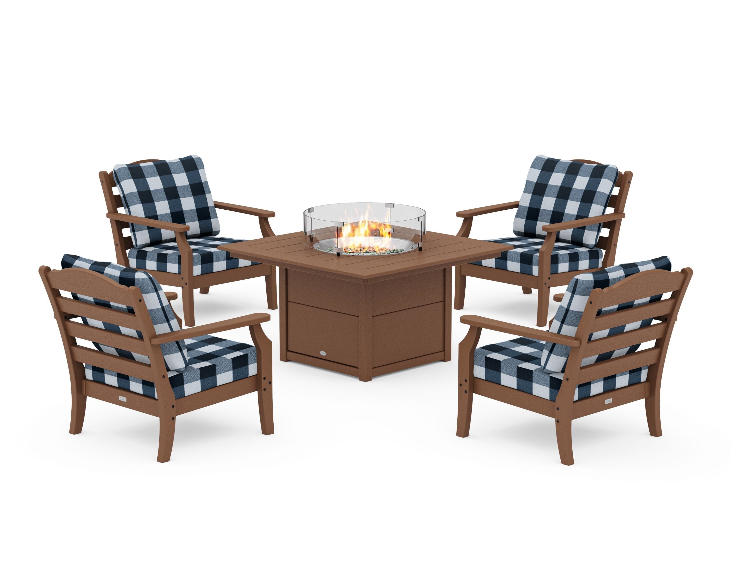 Draper James™ by POLYWOOD® Savannah 5-Piece Deep Seating Set with Fire Pit Table in Teak / Buffalo Plaid Marine Indigo