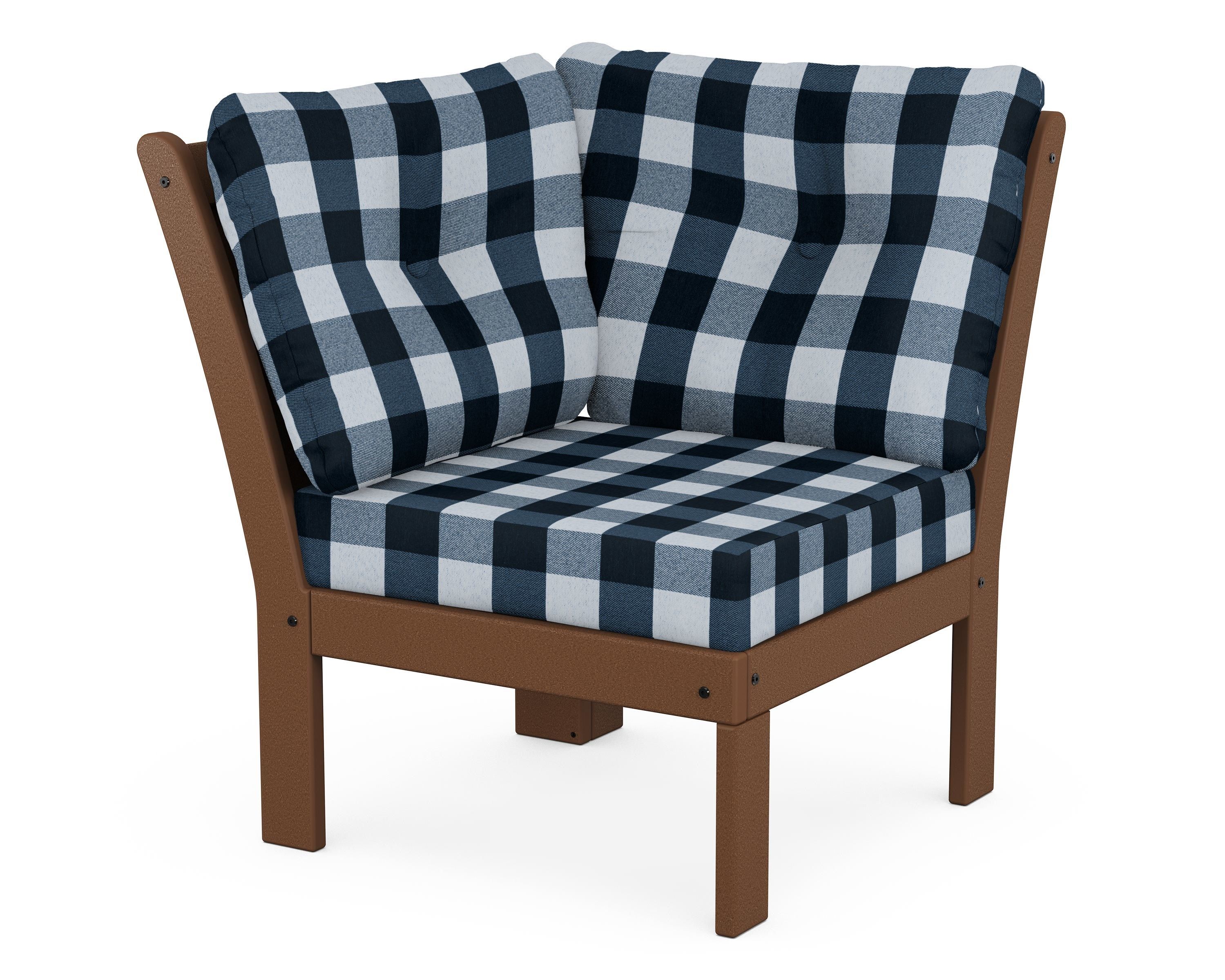POLYWOOD® Vineyard Modular Corner Chair in Teak / Buffalo Plaid Marine Indigo