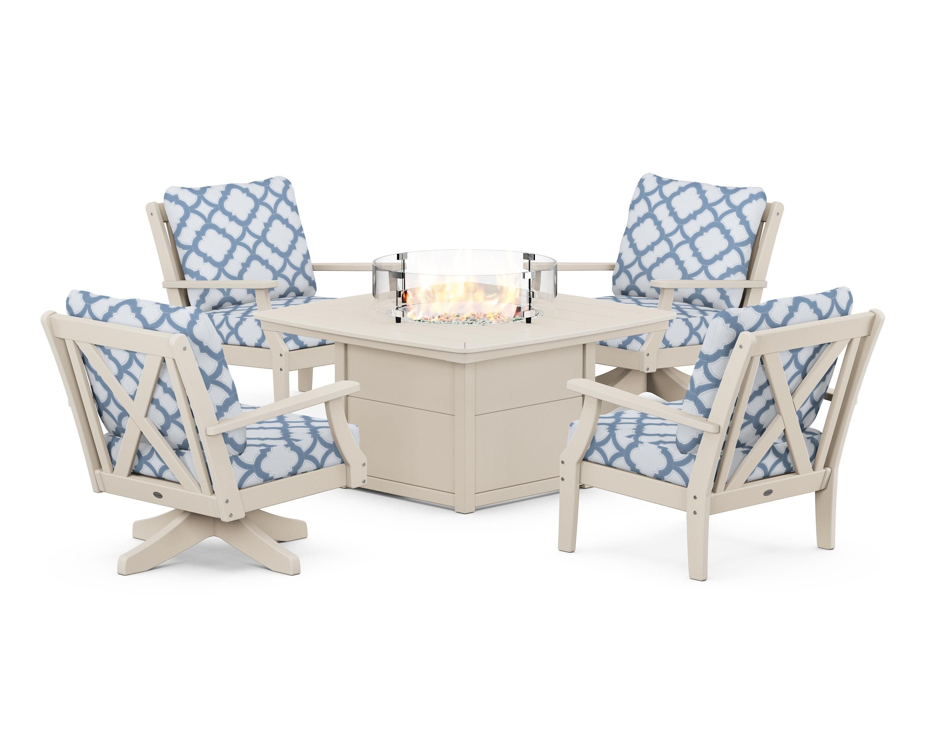 POLYWOOD® Braxton 5-Piece Deep Seating Set with Fire Table in Sand / Trellis Sky Blue