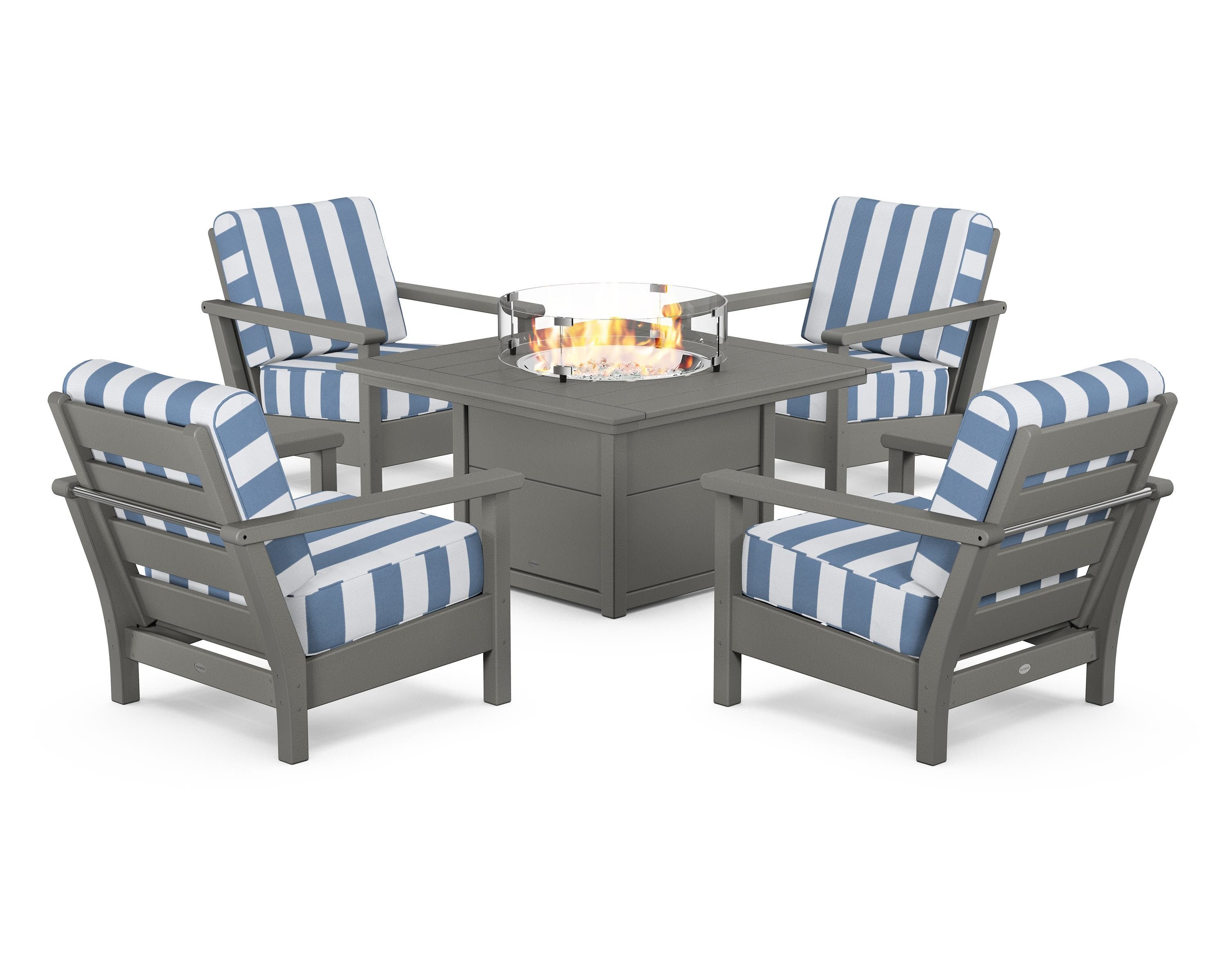 POLYWOOD® Harbour 5-Piece Conversation Set with Fire Pit Table in Slate Grey / Cabana Stripe Sky Blue