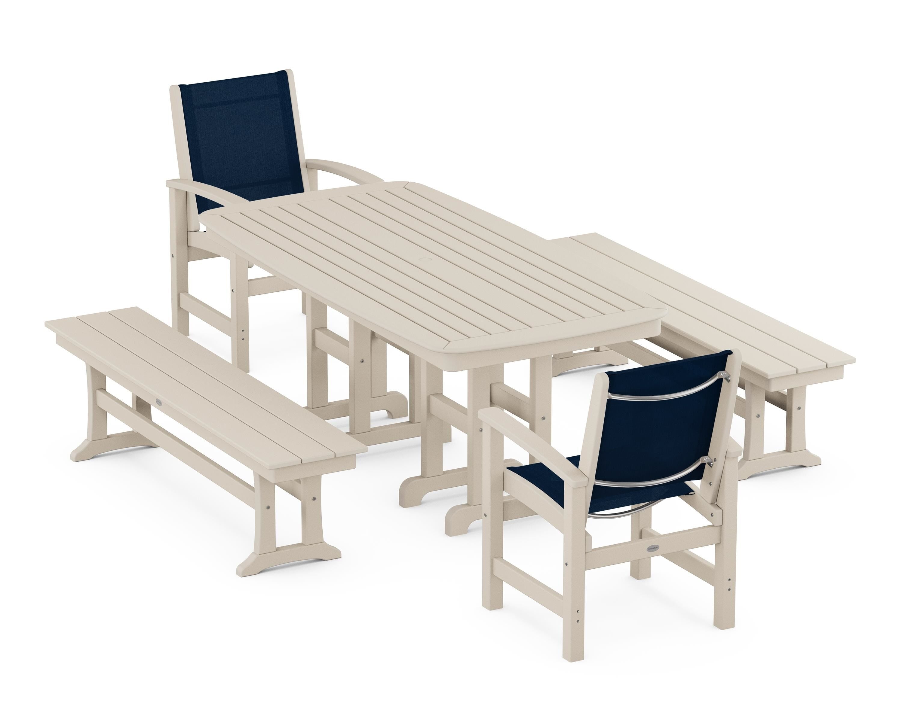 POLYWOOD® Coastal 5-Piece Dining Set in Sand / Navy Blue Sling
