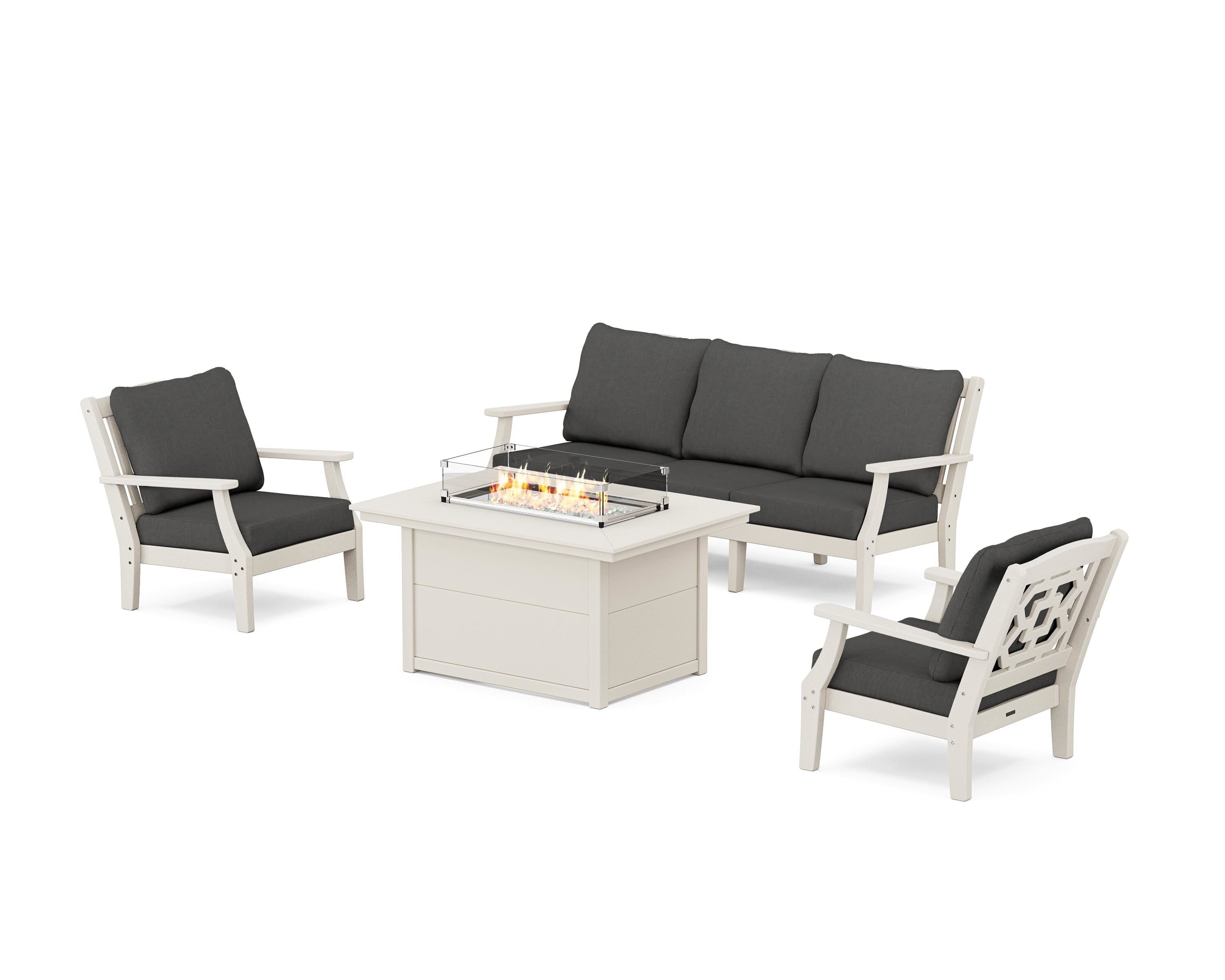 Martha Stewart by POLYWOOD® Chinoiserie Deep Seating Fire Pit Table Set in Sand / Spectrum Carbon