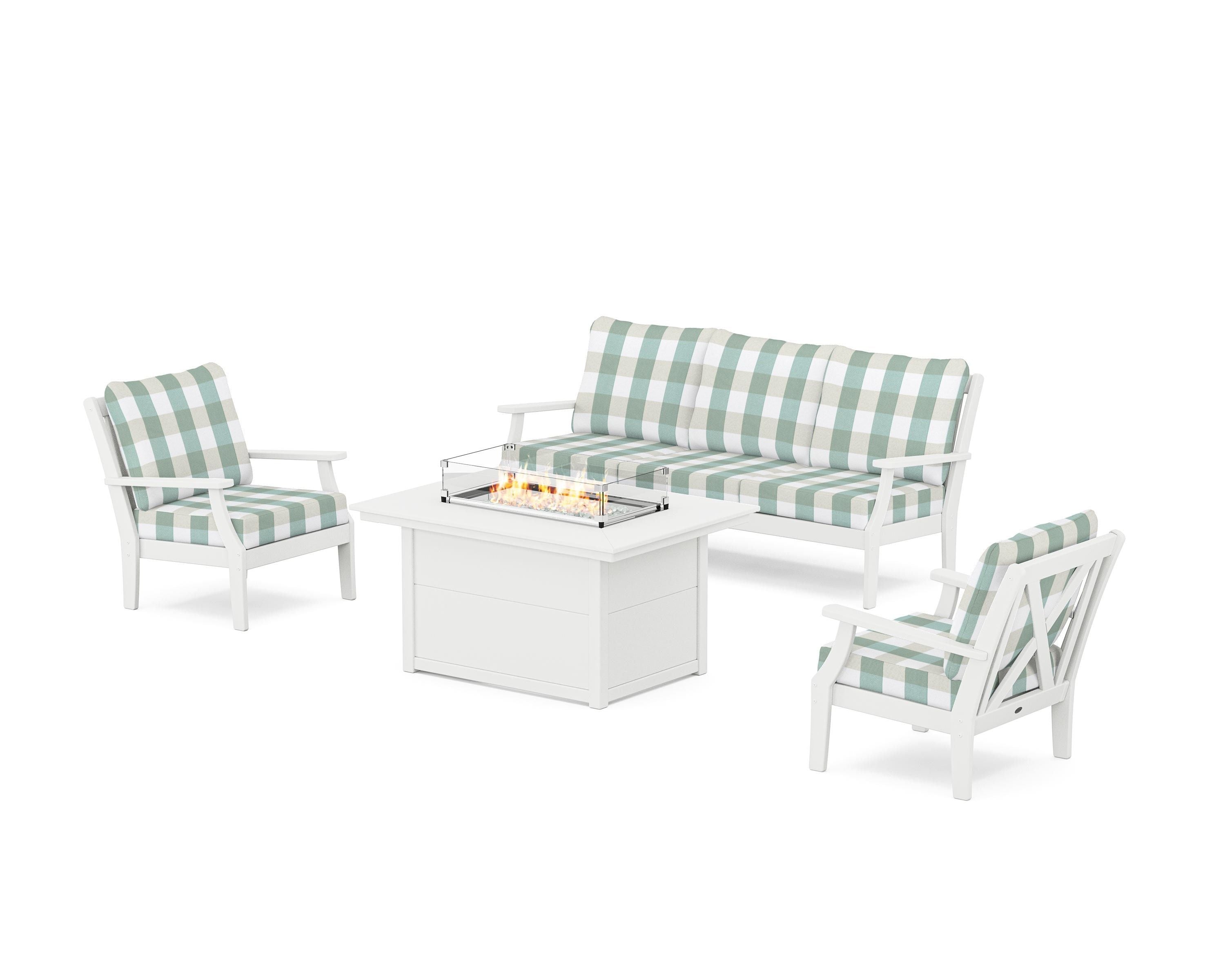 POLYWOOD® Braxton Deep Seating Fire Pit Table Set in White / Buffalo Plaid Glacier Spa