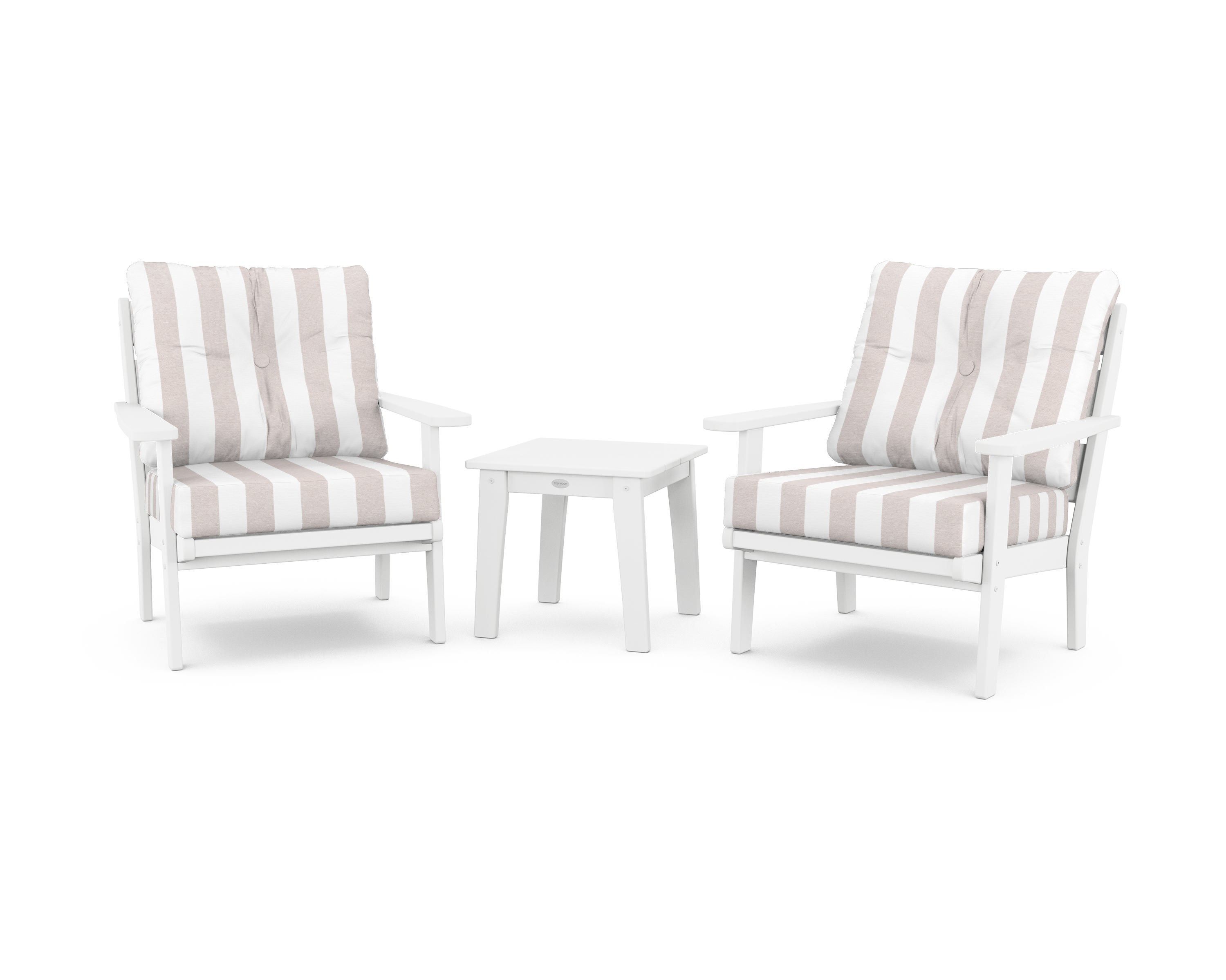 POLYWOOD® Lakeside 3-Piece Deep Seating Chair Set in White / Cabana Stripe Dune Burlap