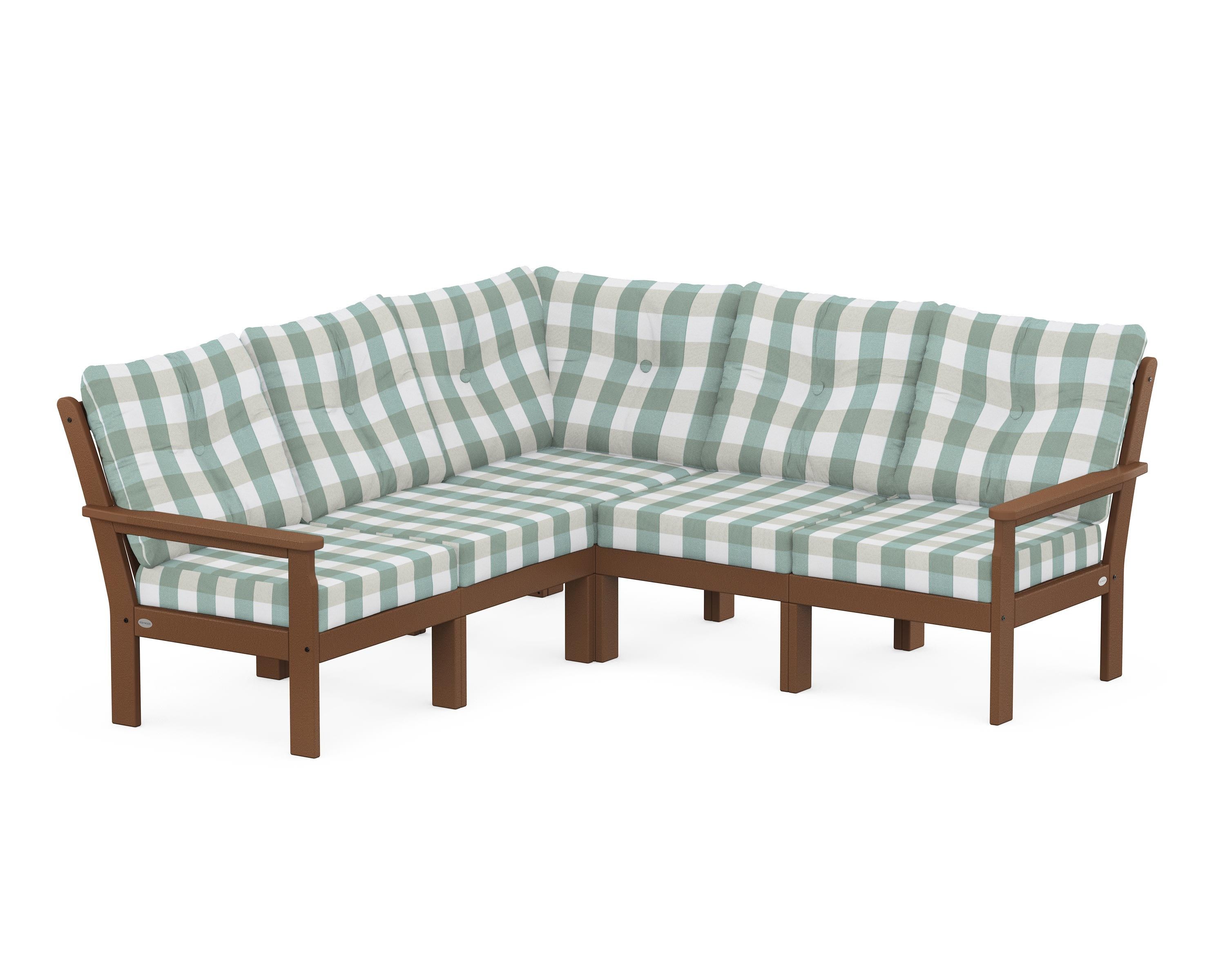 POLYWOOD® Vineyard 5-Piece Sectional in Teak / Buffalo Plaid Glacier Spa