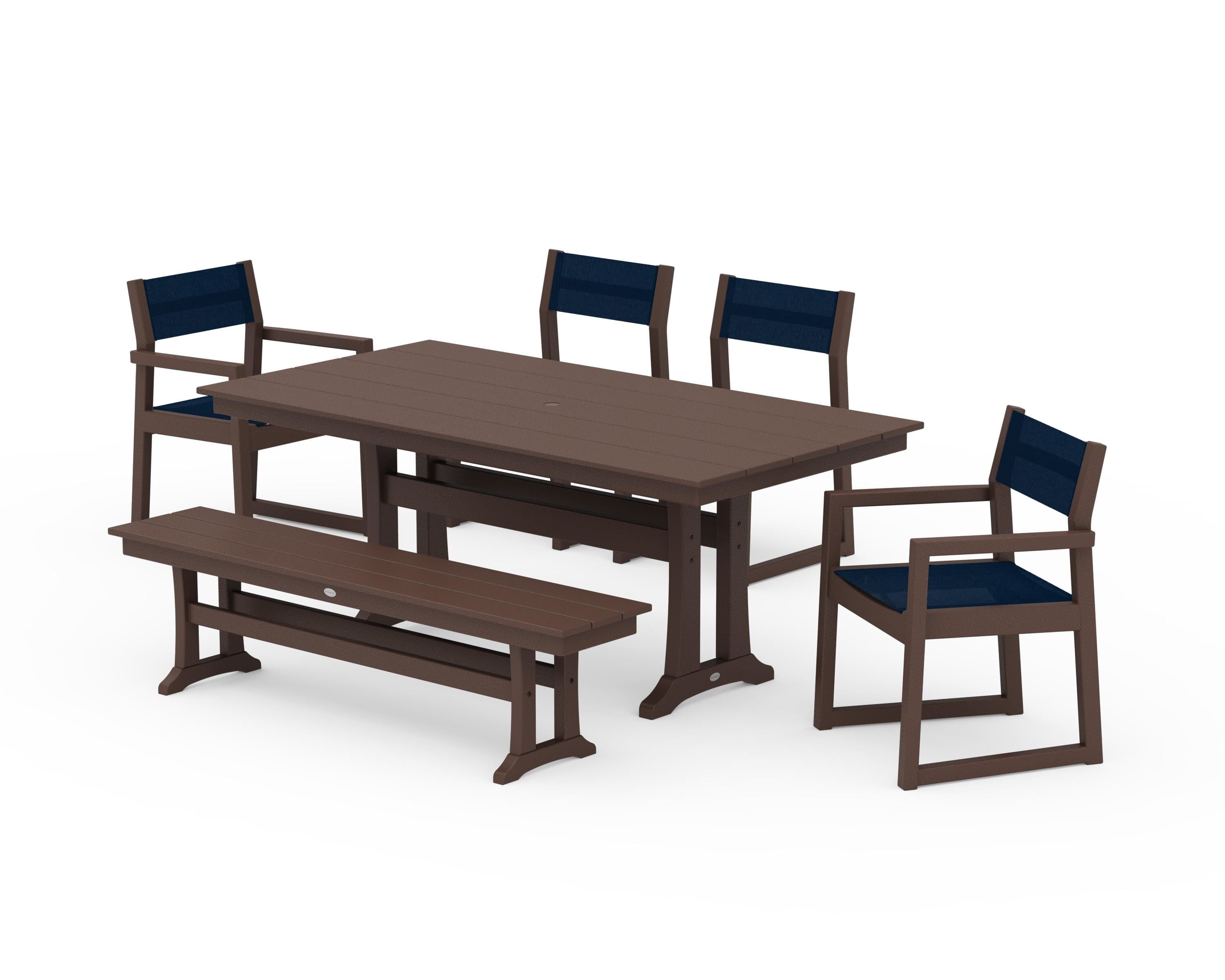 POLYWOOD® EDGE Sling 6-Piece Farmhouse Dining Set With Trestle Legs in Mahogany / Navy Blue Sling