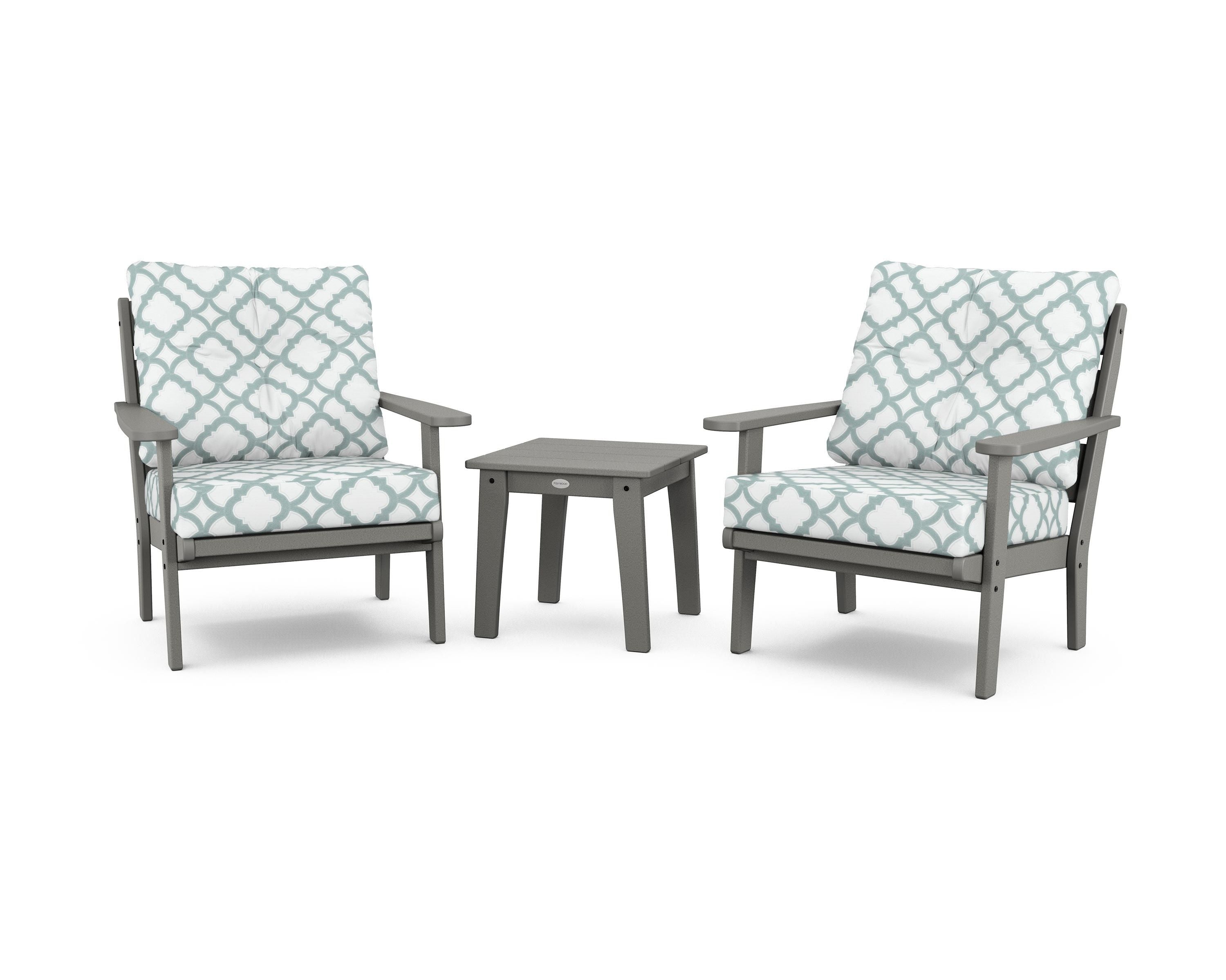 POLYWOOD® Lakeside 3-Piece Deep Seating Chair Set in Slate Grey / Trellis Glacier Spa