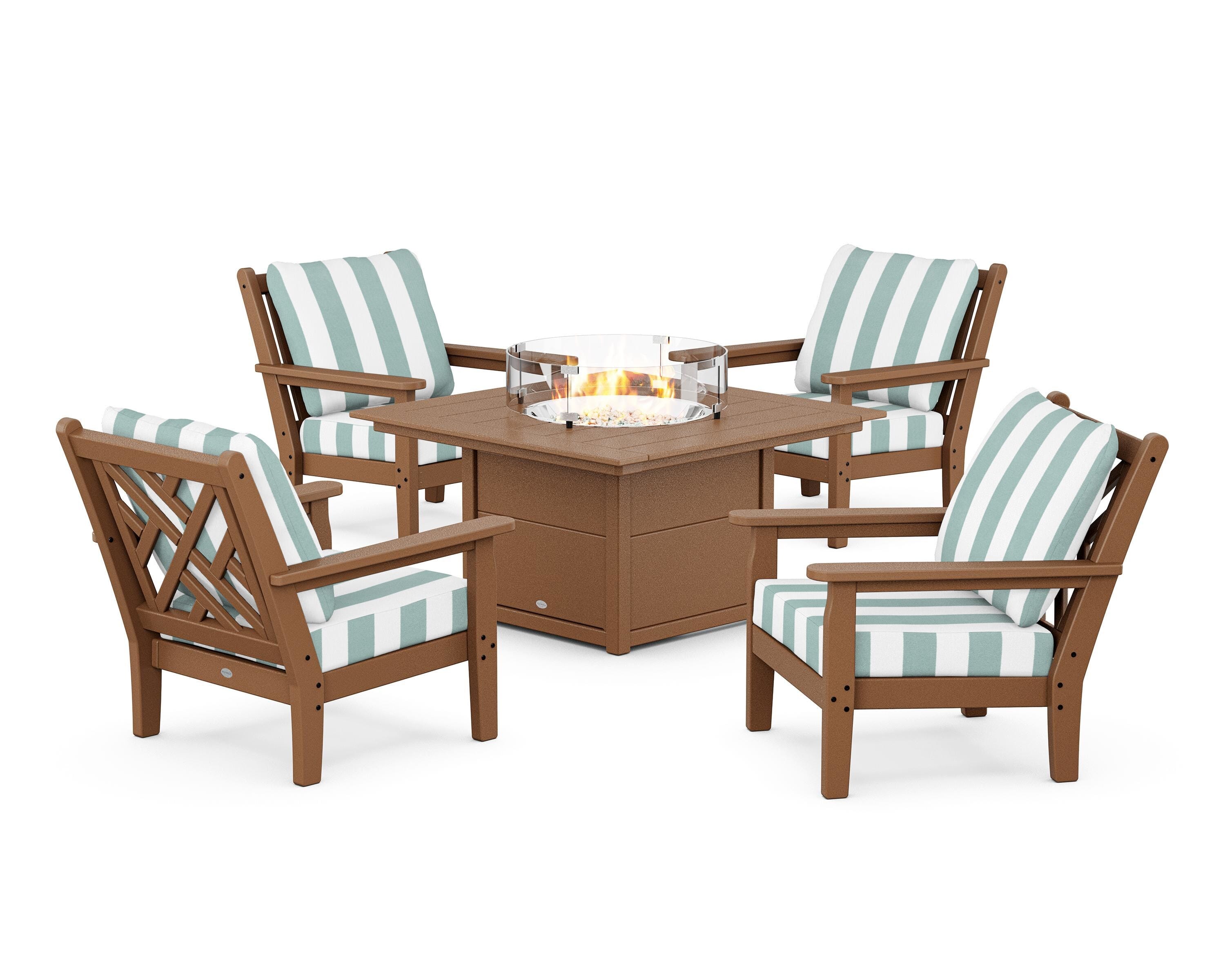 POLYWOOD® Chippendale 5-Piece Deep Seating Set with Fire Pit Table in Teak / Cabana Stripe Glacier Spa