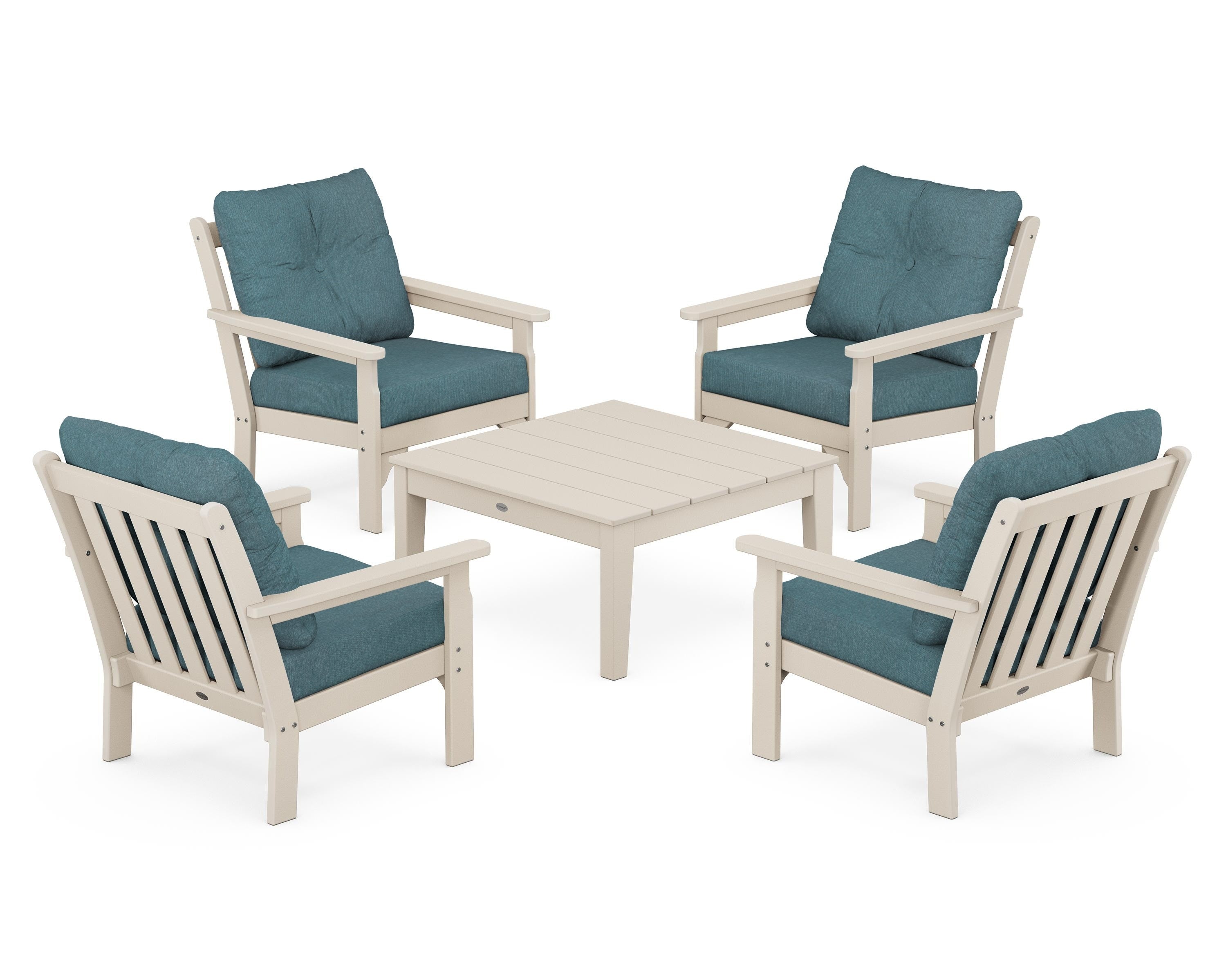 POLYWOOD® Vineyard 5-Piece Deep Seating Conversation Set in Sand / Ocean Teal