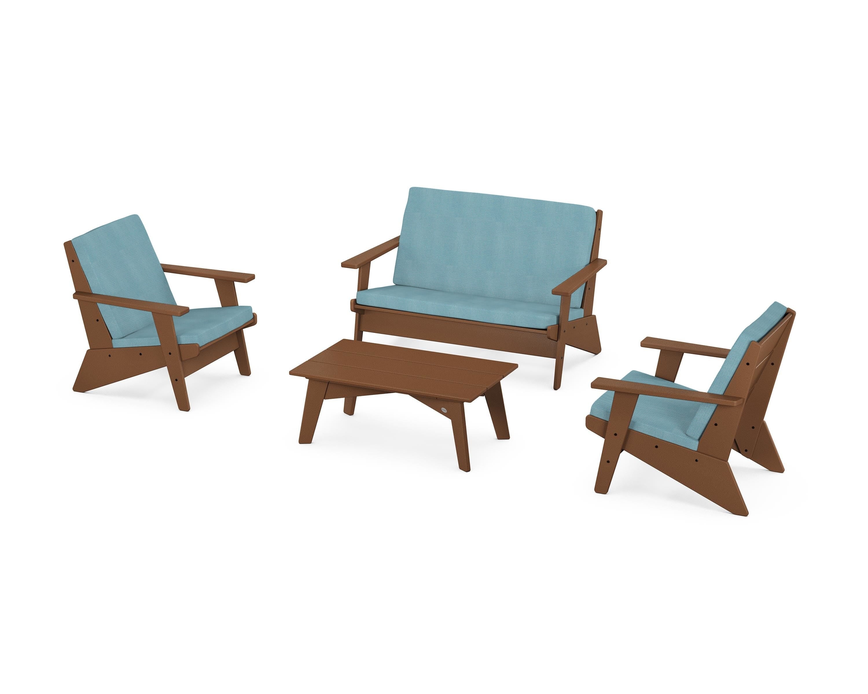 POLYWOOD® Riviera Modern Lounge 4-Piece Set in Teak / Lattice Sky Blue