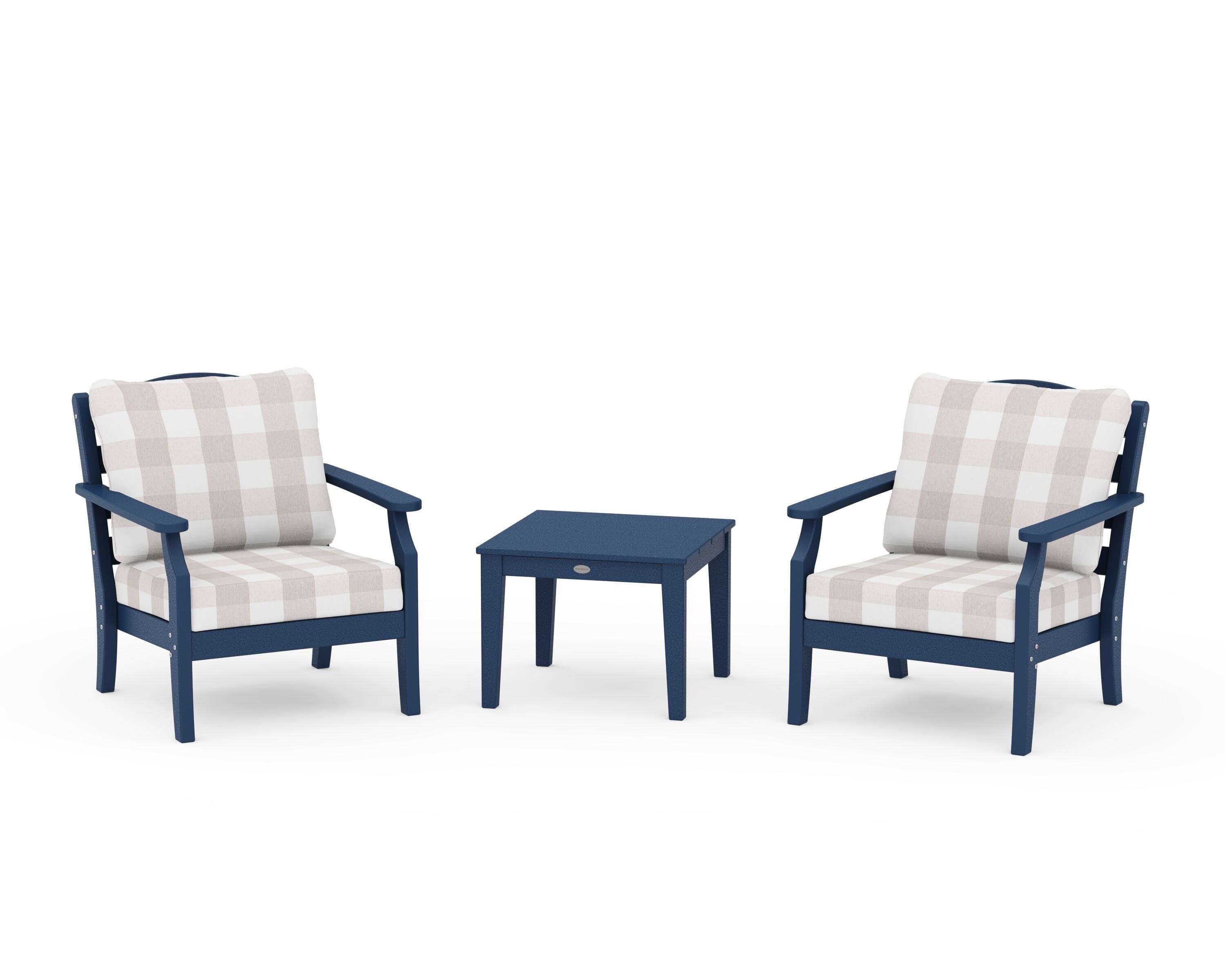 Draper James™ by POLYWOOD® Savannah 3-Piece Deep Seating Set in Navy / Buffalo Plaid Dune Burlap