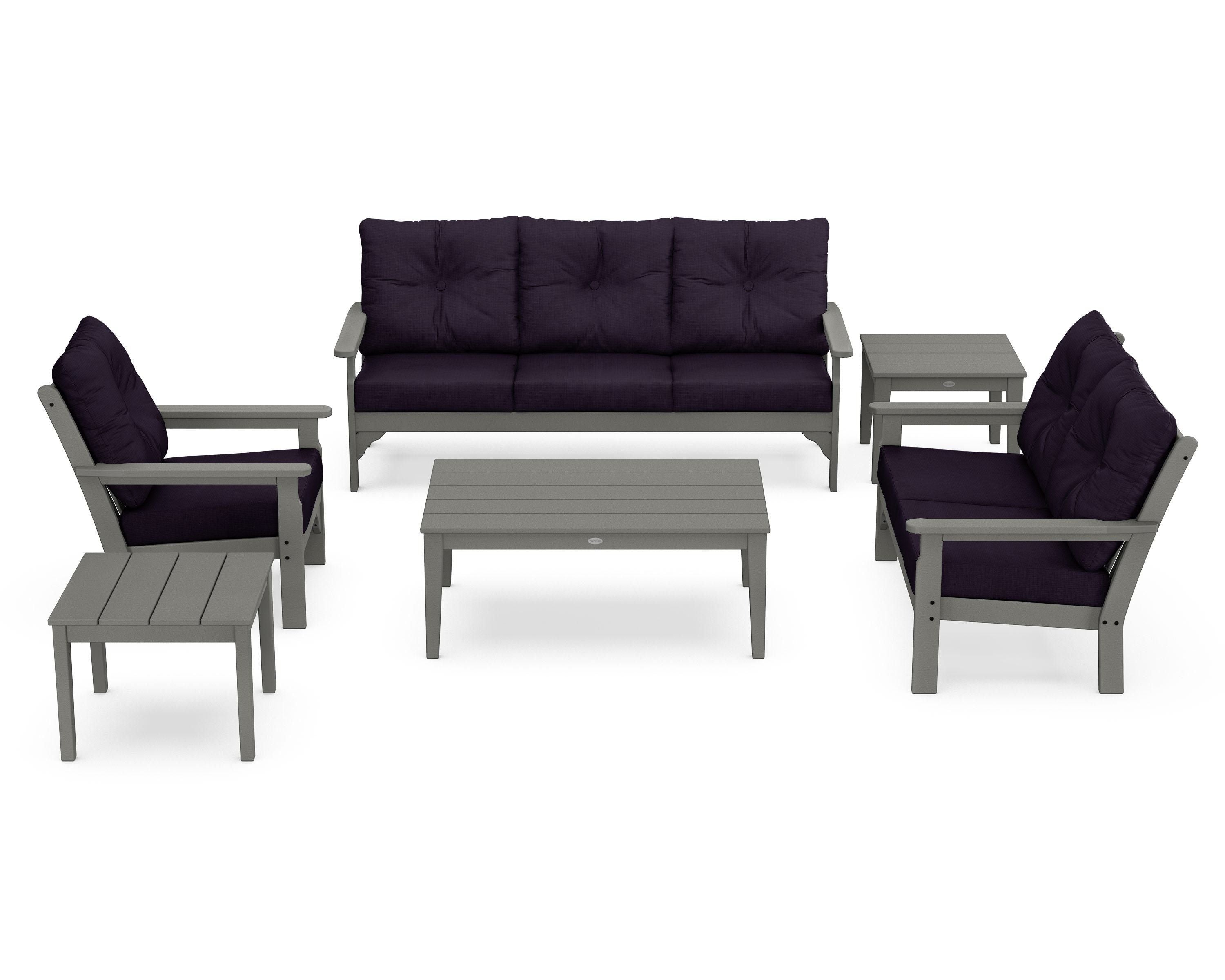 POLYWOOD® Vineyard 6-Piece Deep Seating Set in Slate Grey / Navy Linen