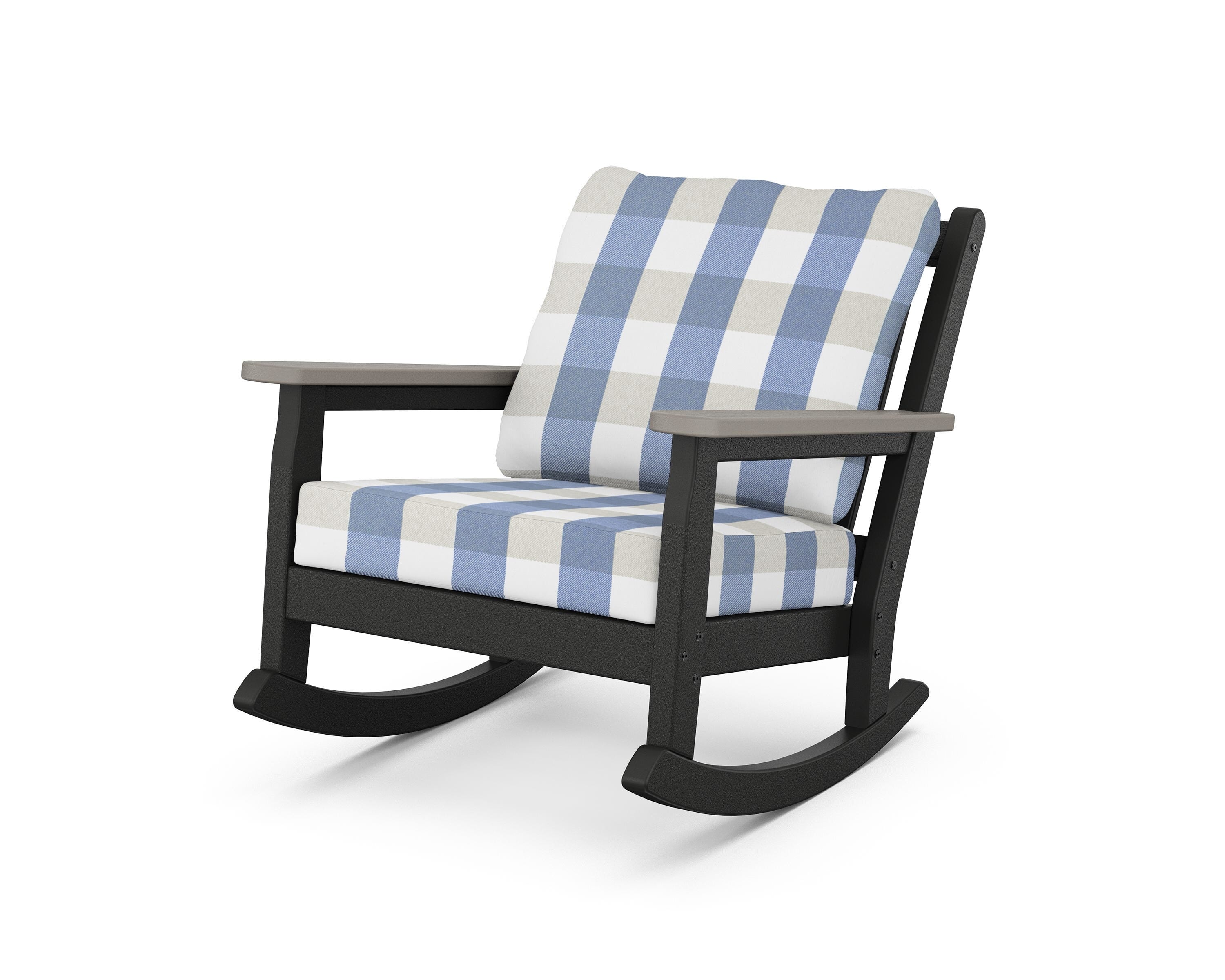 POLYWOOD® Chippendale Deep Seating Rocking Chair in Black / Driftwood / Buffalo Plaid Sky Blue