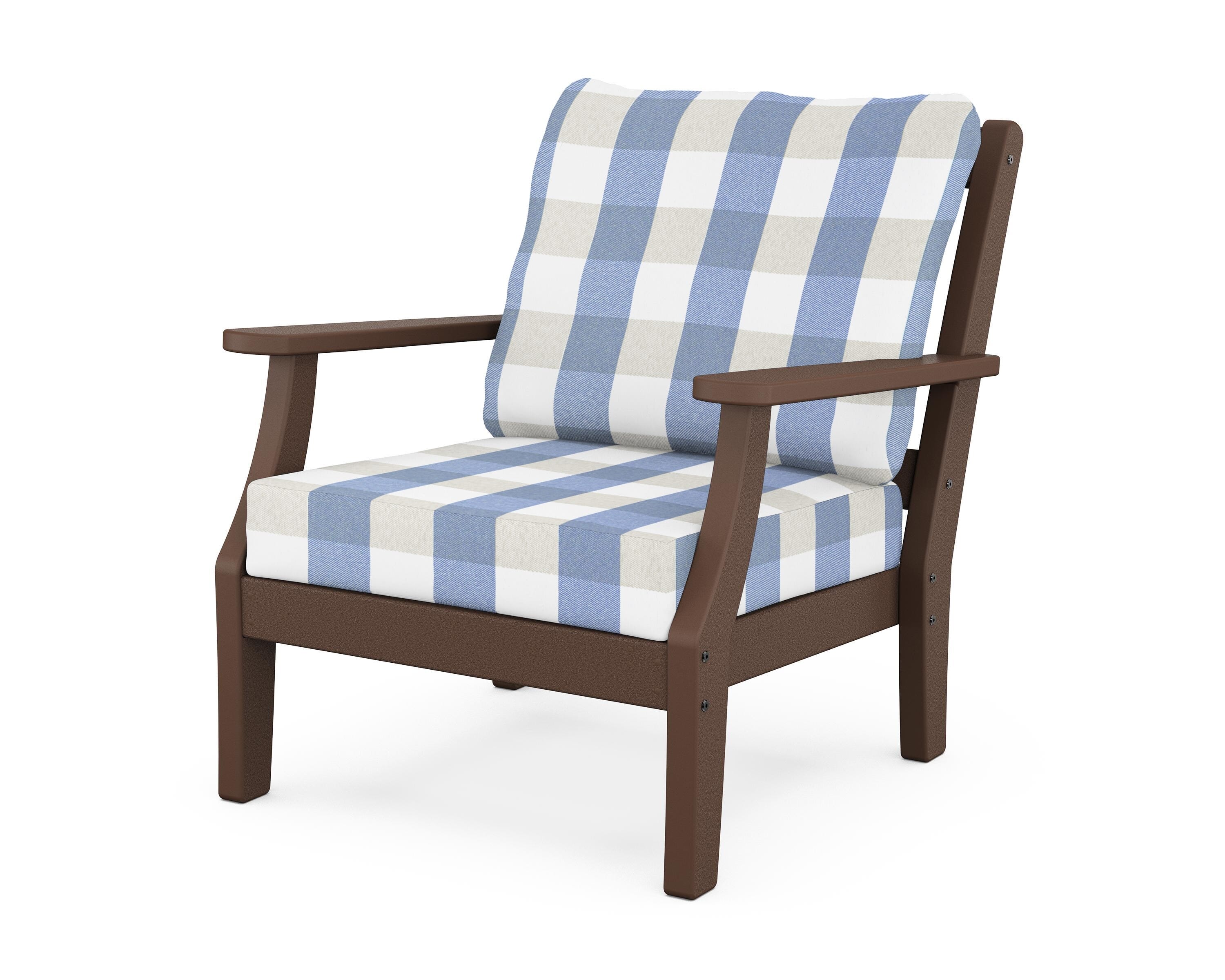 Martha Stewart by POLYWOOD® Chinoiserie Deep Seating Chair in Mahogany / Buffalo Plaid Sky Blue