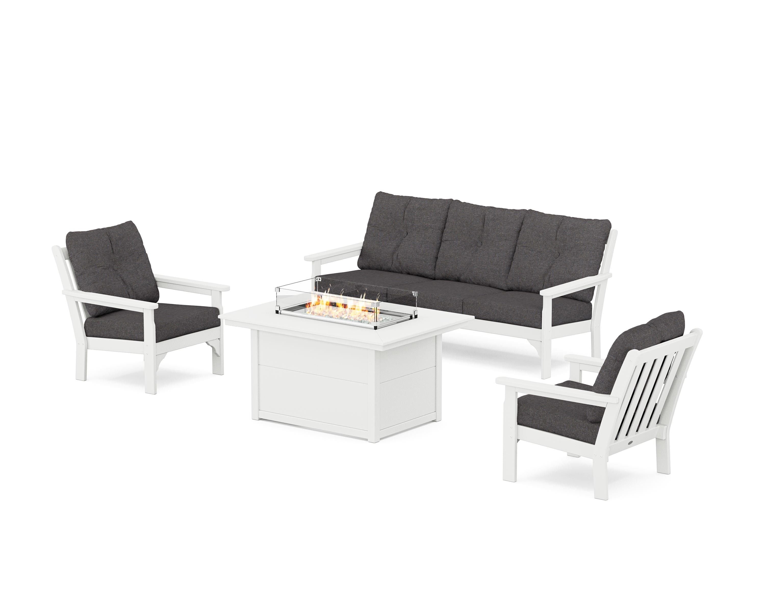 POLYWOOD® Vineyard Deep Seating Fire Pit Table Set in White / Ash Charcoal