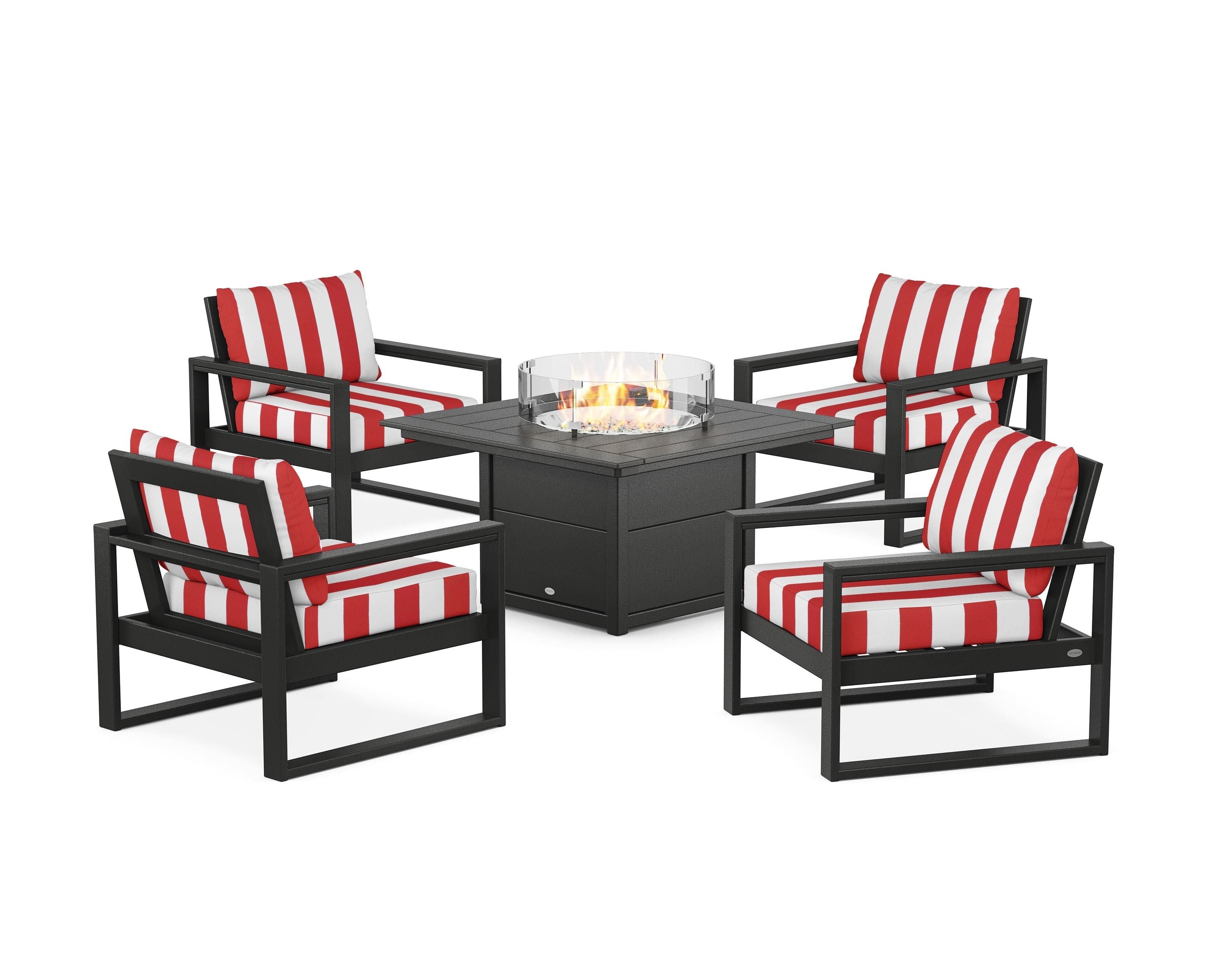 POLYWOOD® EDGE Sectional 5-Piece Deep Seating Set with Fire Pit Table in Black / Cabana Stripe Crimson