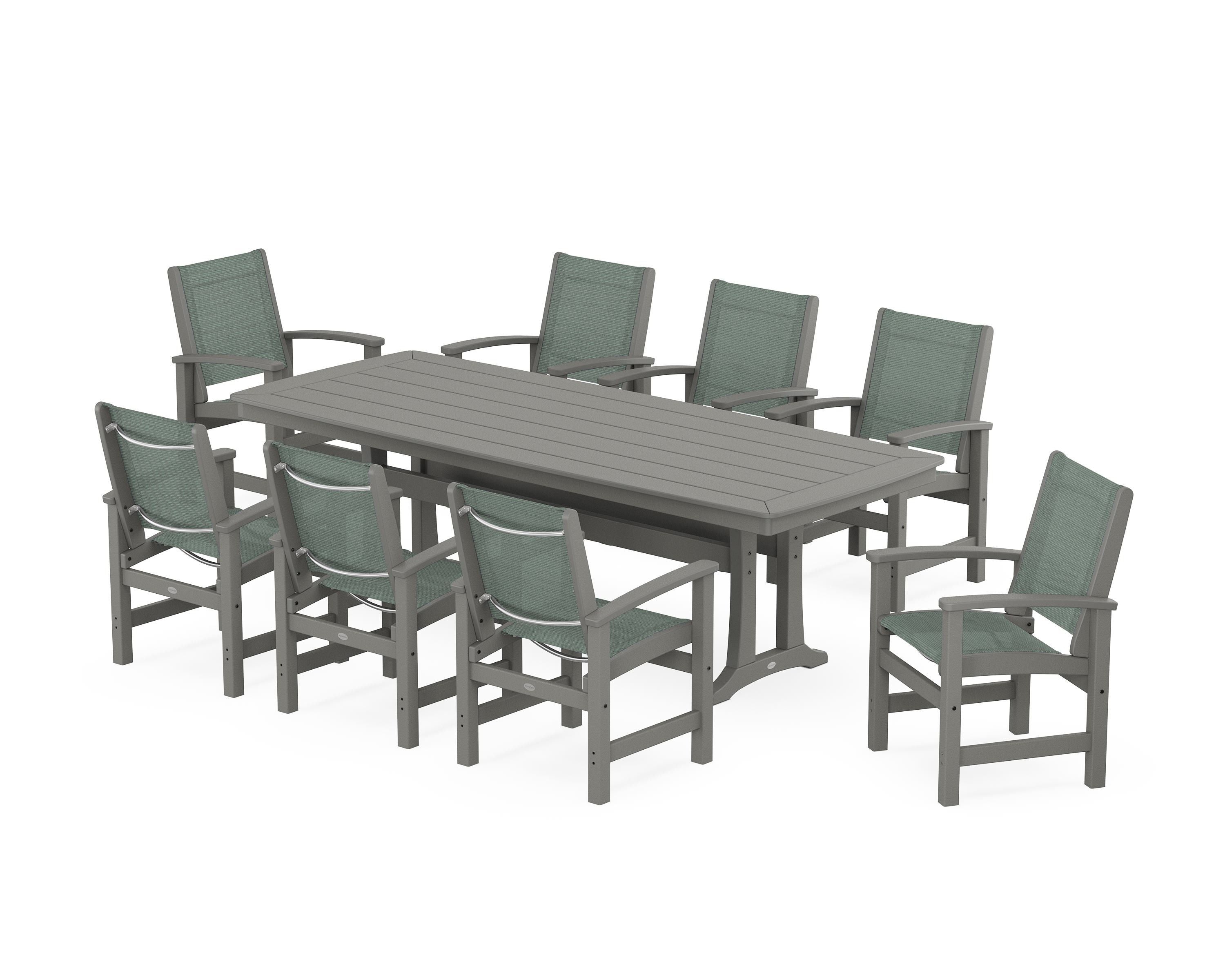 POLYWOOD® Coastal 9-Piece Dining Set with Trestle Legs in Slate Grey / Dupioni Sea Mist Sling