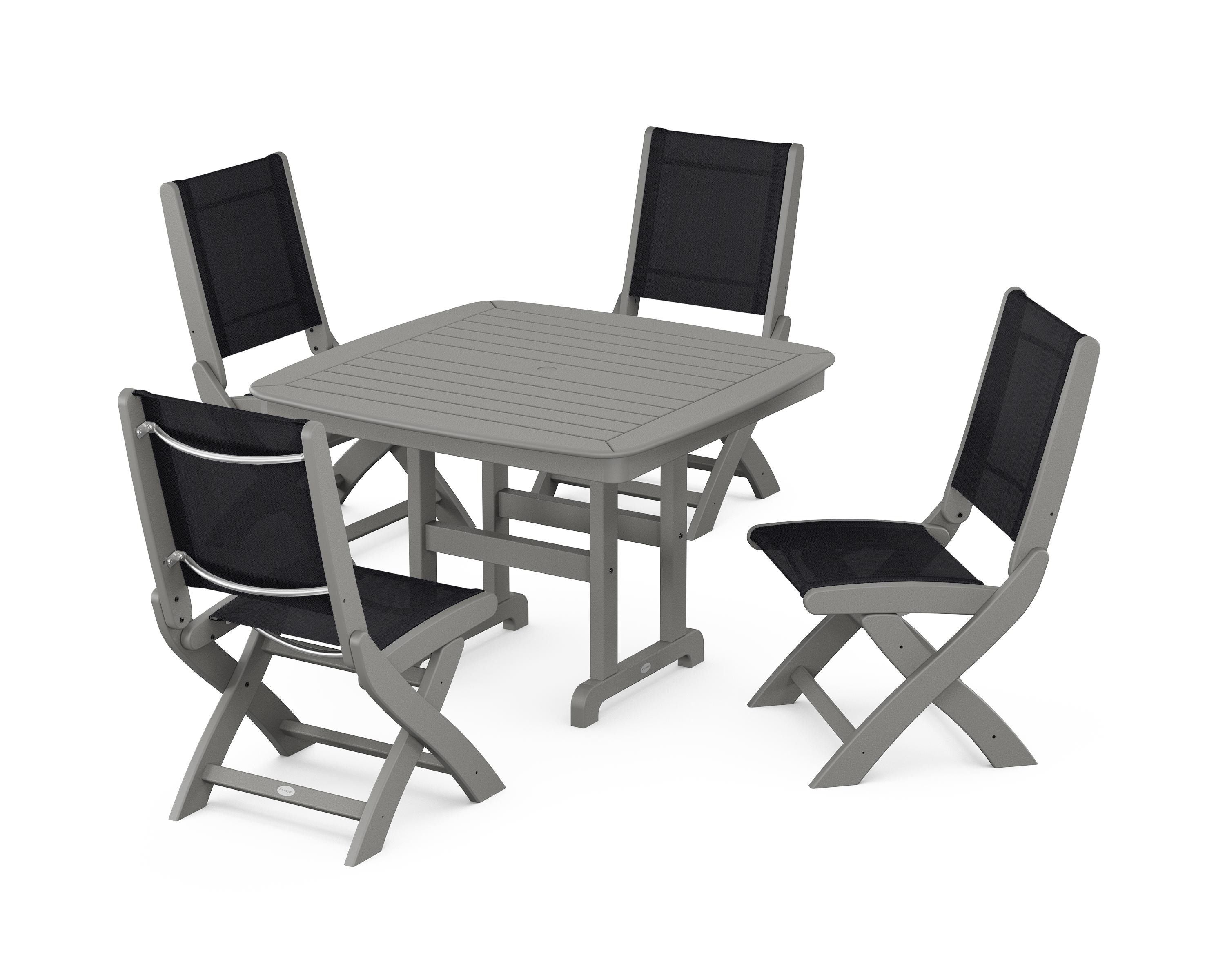 POLYWOOD® Coastal Folding Side Chair 5-Piece Dining Set in Slate Grey / Black Sling