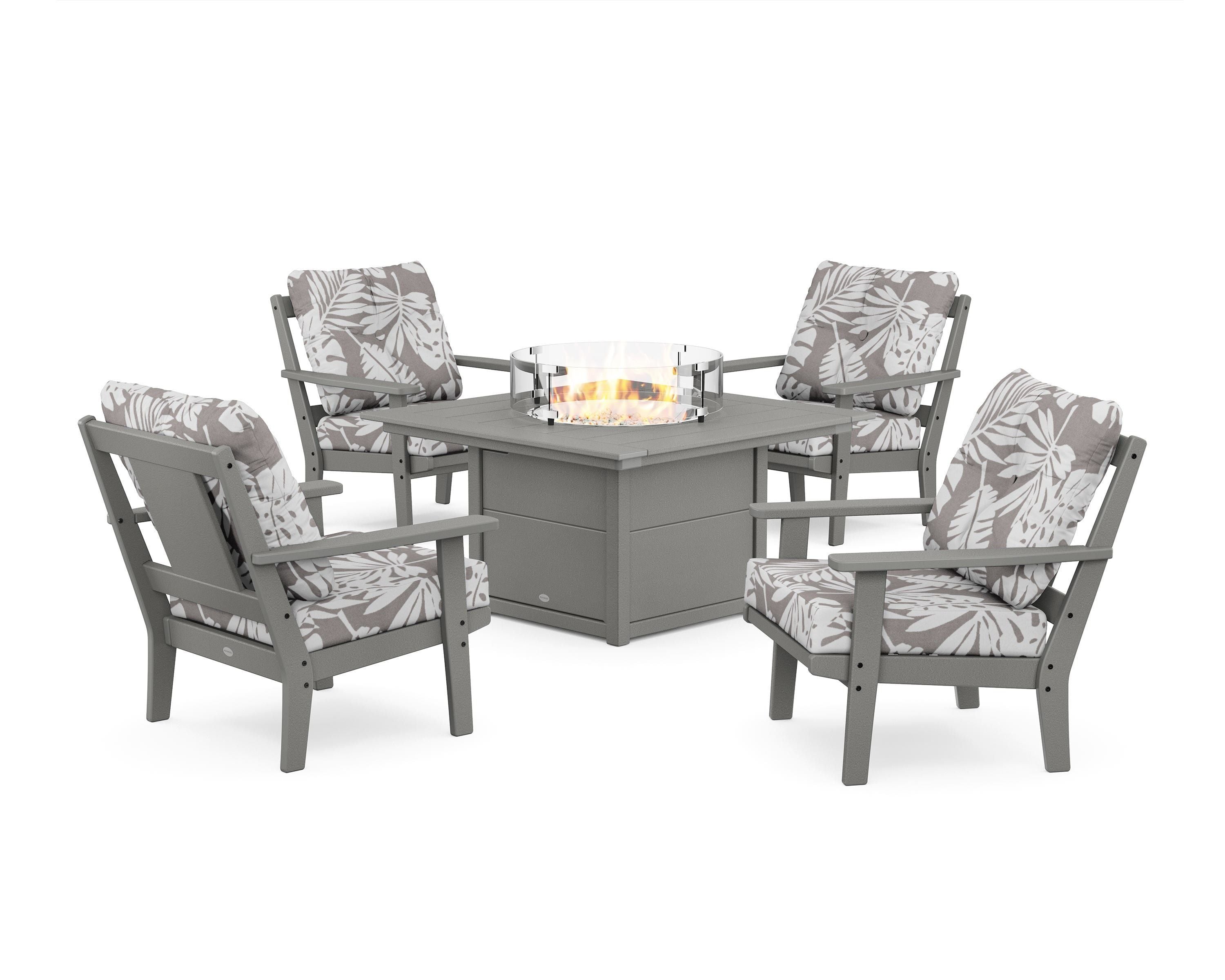 POLYWOOD® Prairie 5-Piece Deep Seating Set with Fire Pit Table in Slate Grey / Leaf Grey Mist