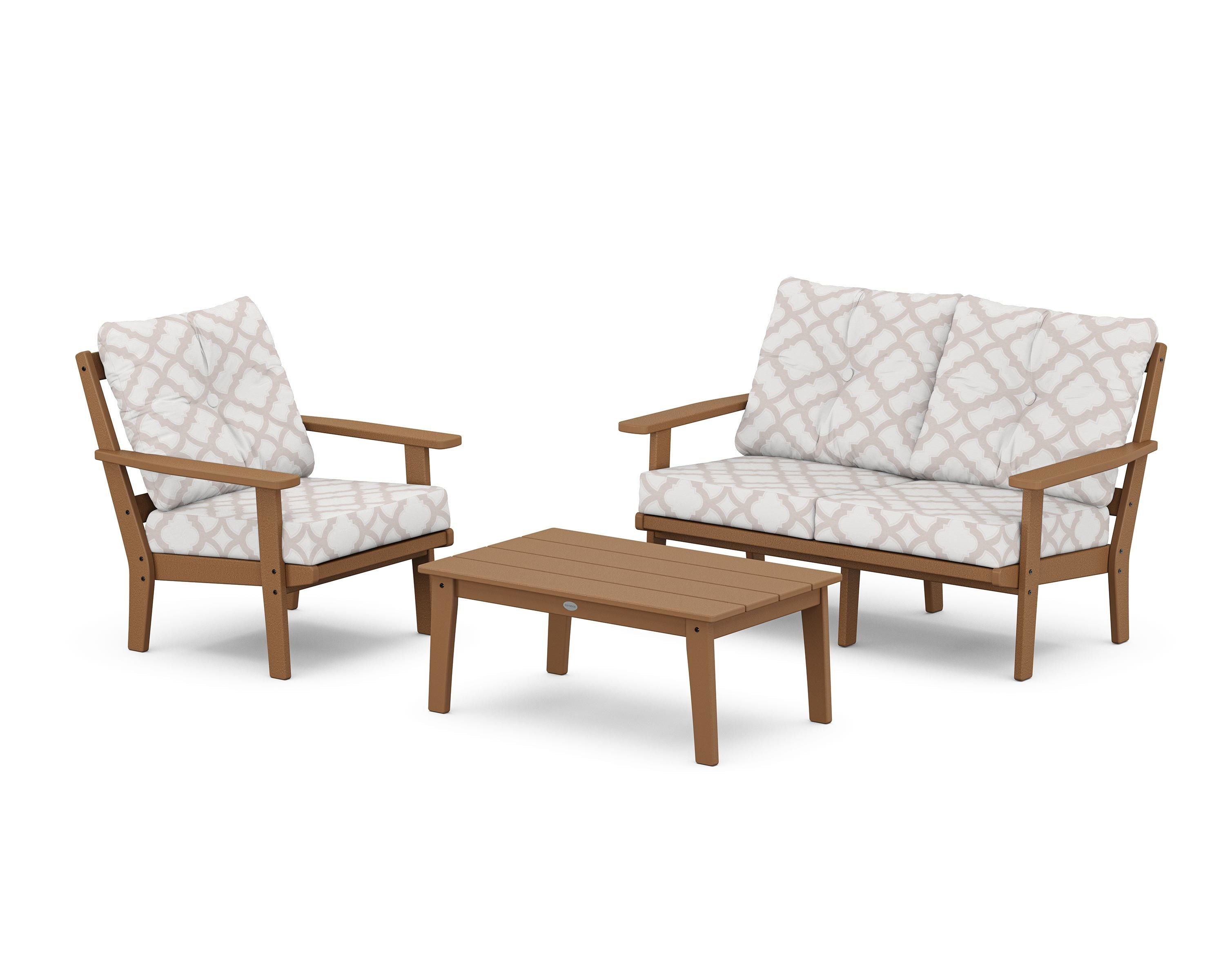 POLYWOOD® Oxford 3-Piece Deep Seating Set with Loveseat in Teak / Trellis Dune Burlap