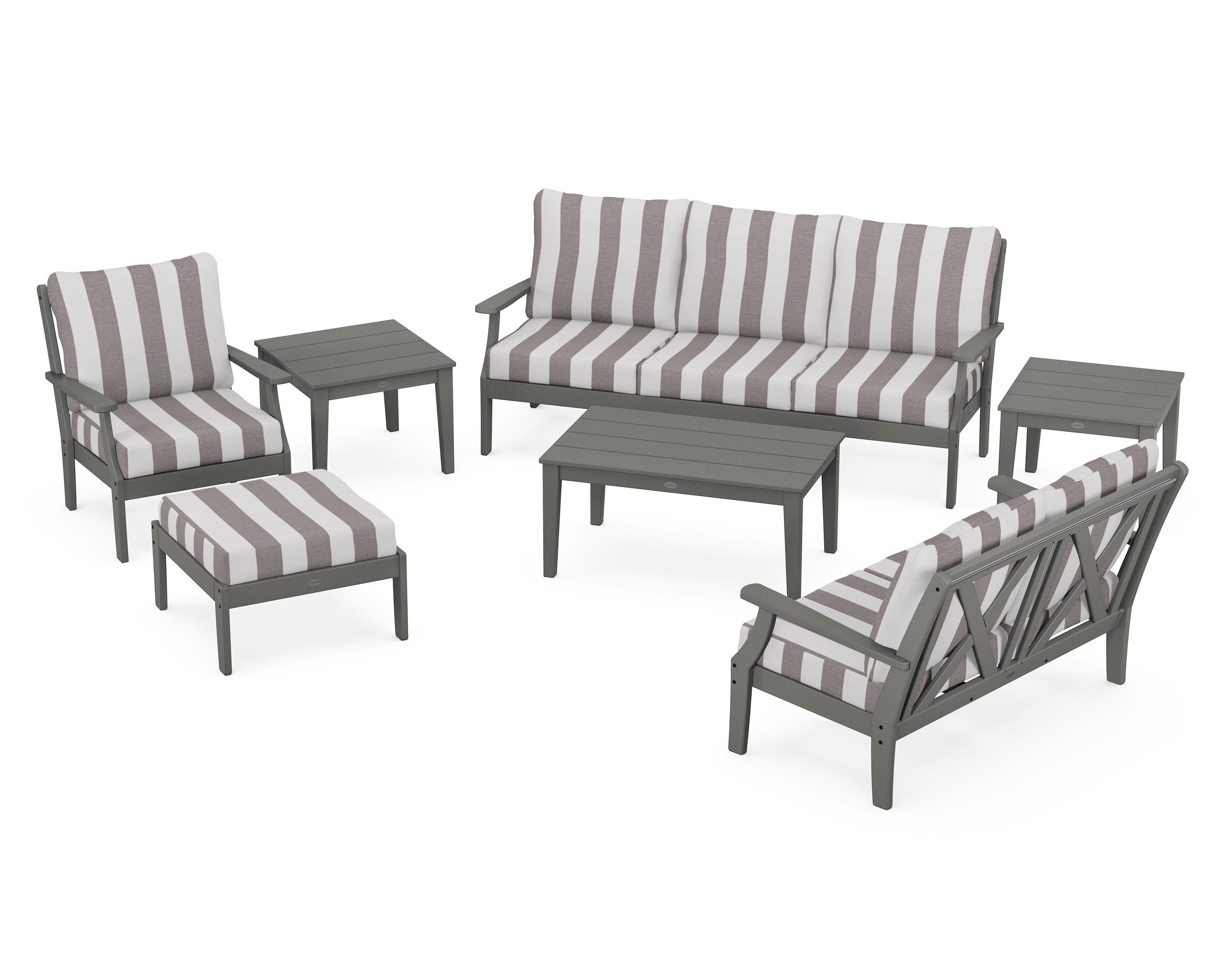 POLYWOOD® Braxton 7-Piece Deep Seating Set in Slate Grey / Cabana Stripe Grey Mist
