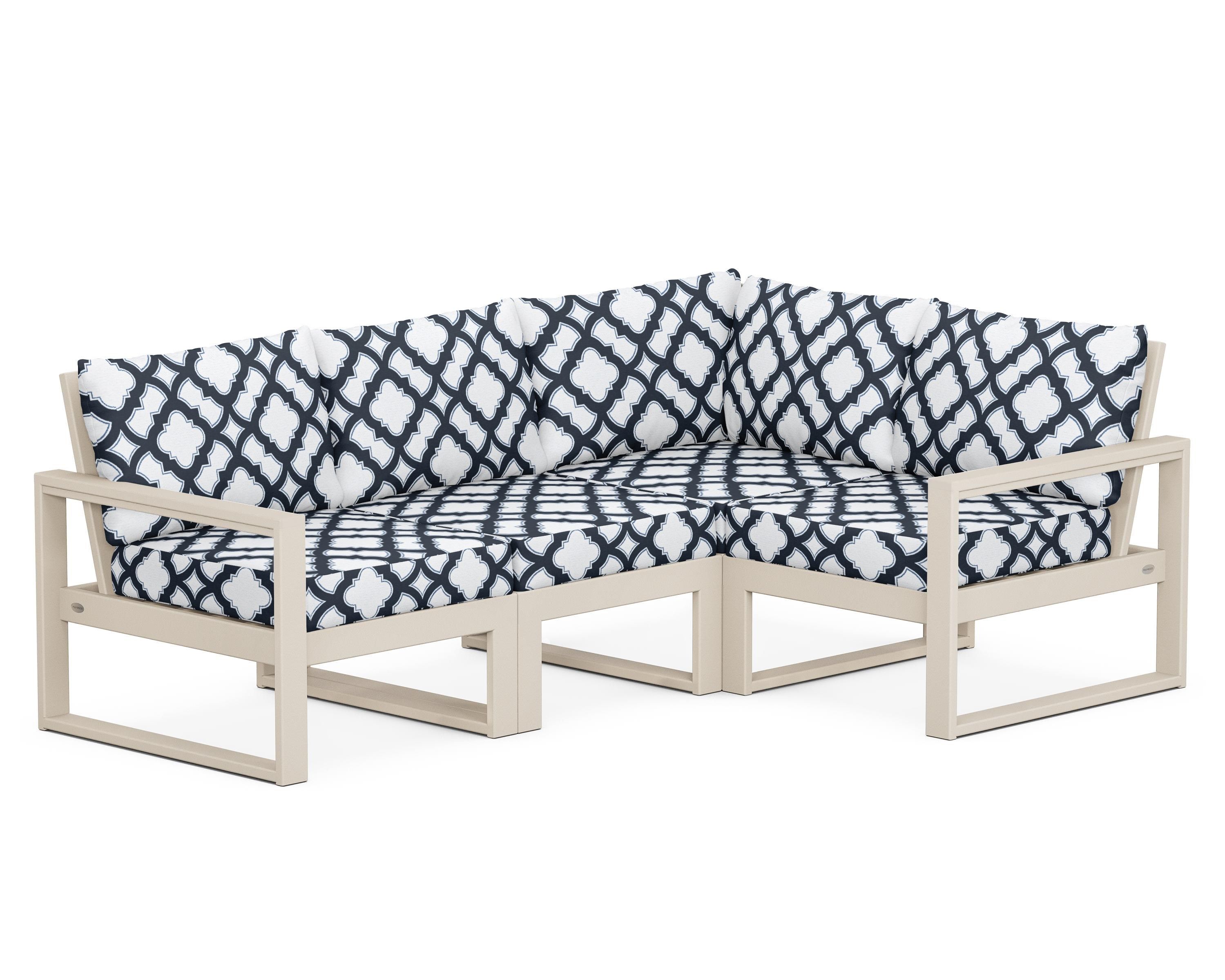 POLYWOOD® EDGE 4-Piece Modular Deep Seating Set in Sand / Trellis Marine Indigo