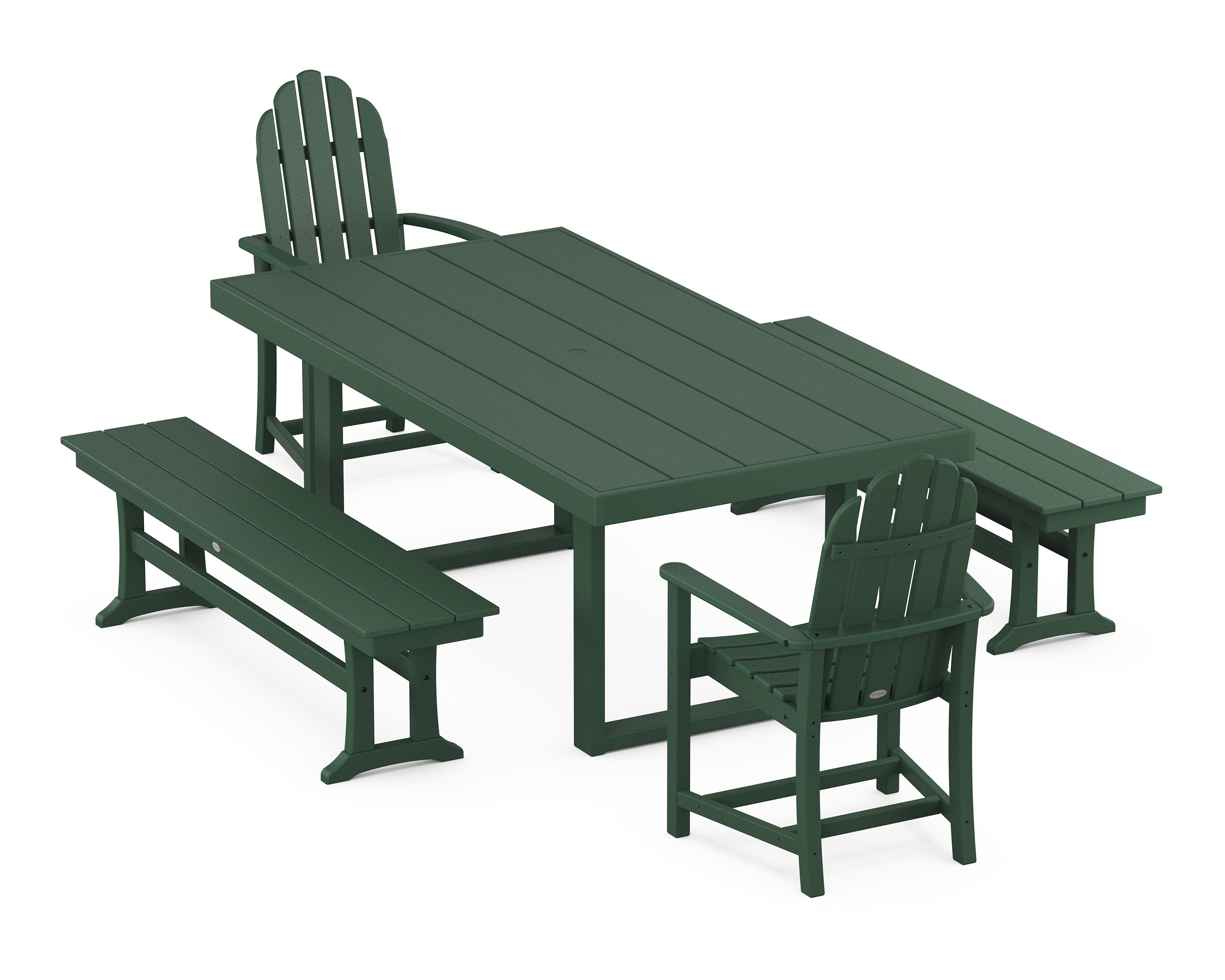 POLYWOOD® Classic Adirondack 5-Piece Dining Set with Benches in Green