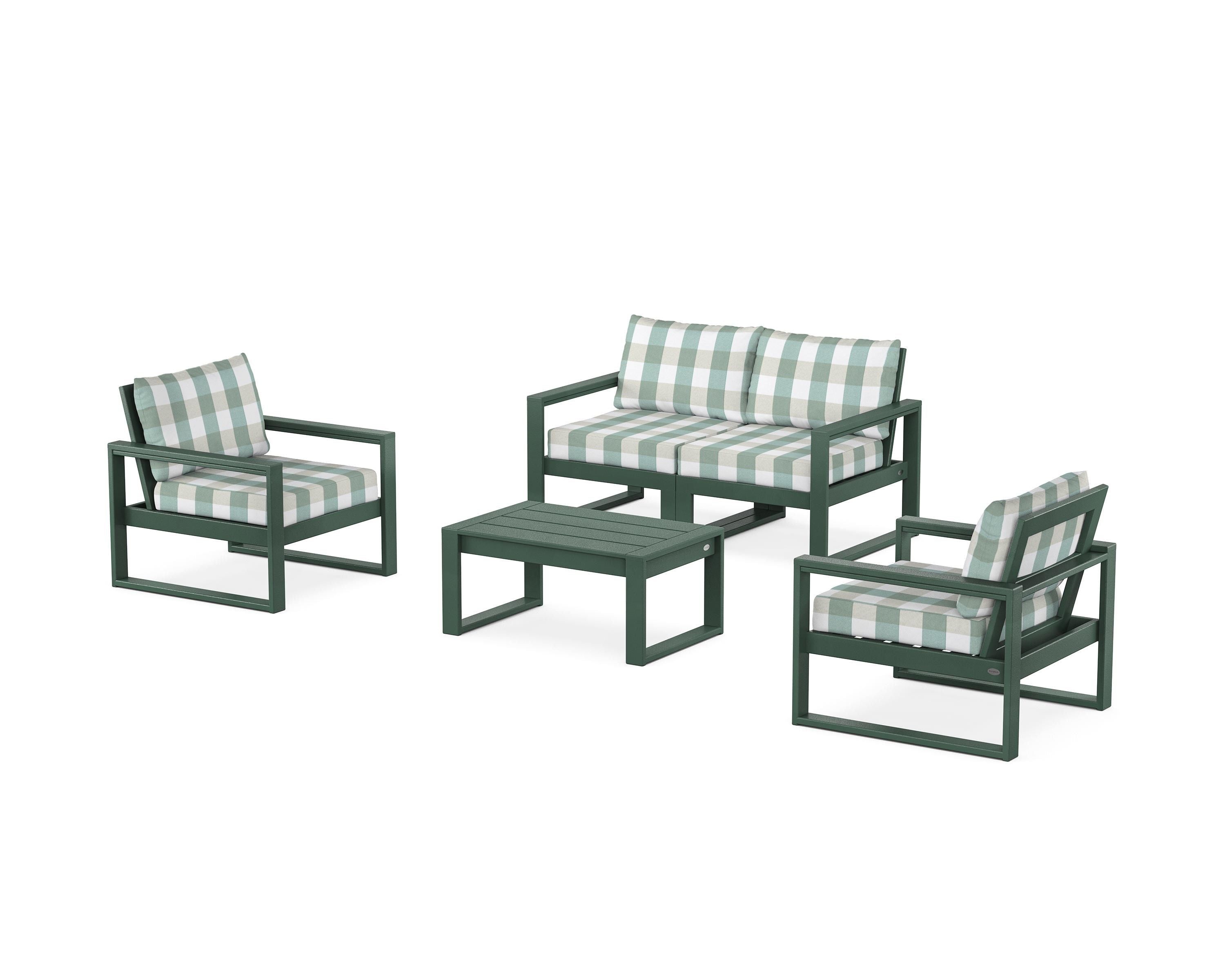 POLYWOOD® EDGE Sectional 4-Piece Deep Seating Set with Loveseat in Green / Buffalo Plaid Glacier Spa