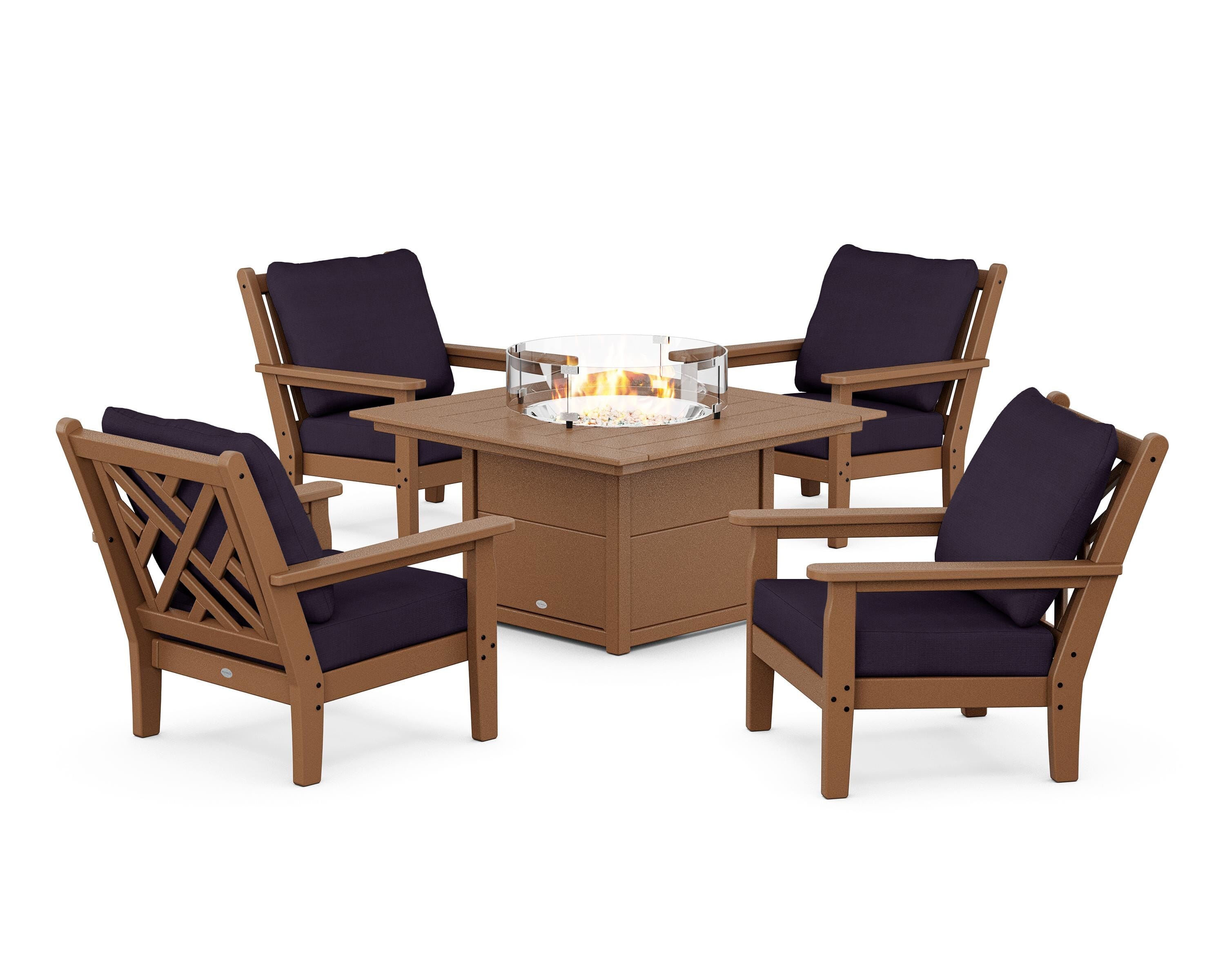 POLYWOOD® Chippendale 5-Piece Deep Seating Set with Fire Pit Table in Teak / Navy Linen