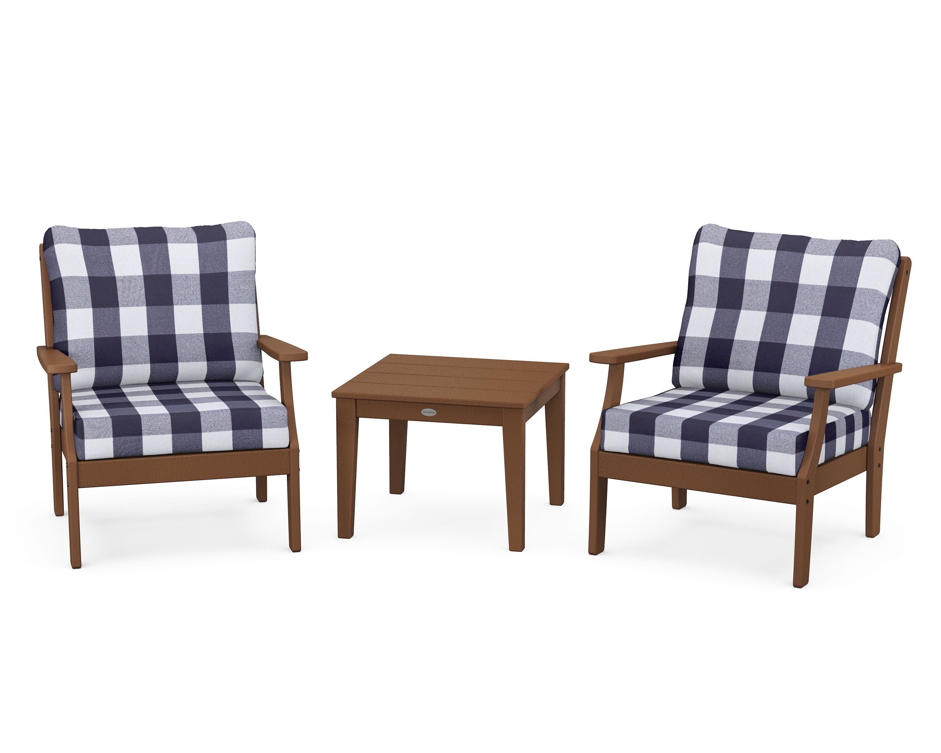 POLYWOOD® Braxton 3-Piece Deep Seating Set in Teak / Buffalo Plaid Navy