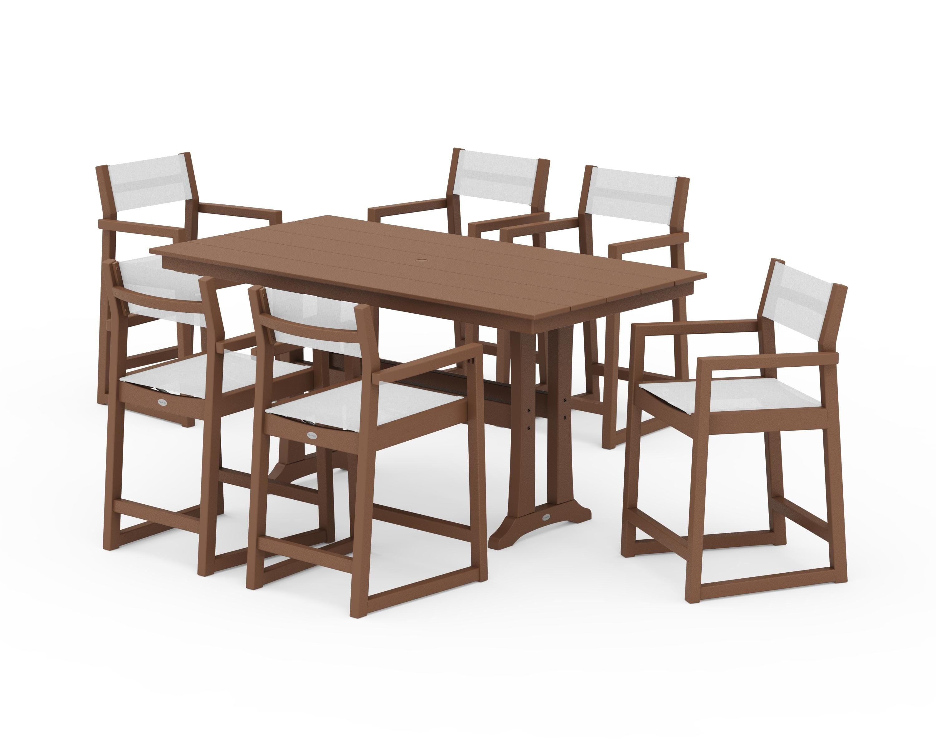 POLYWOOD® EDGE Sling Arm Chair 7-Piece Farmhouse Counter Set with Trestle Legs in Teak / White Sling