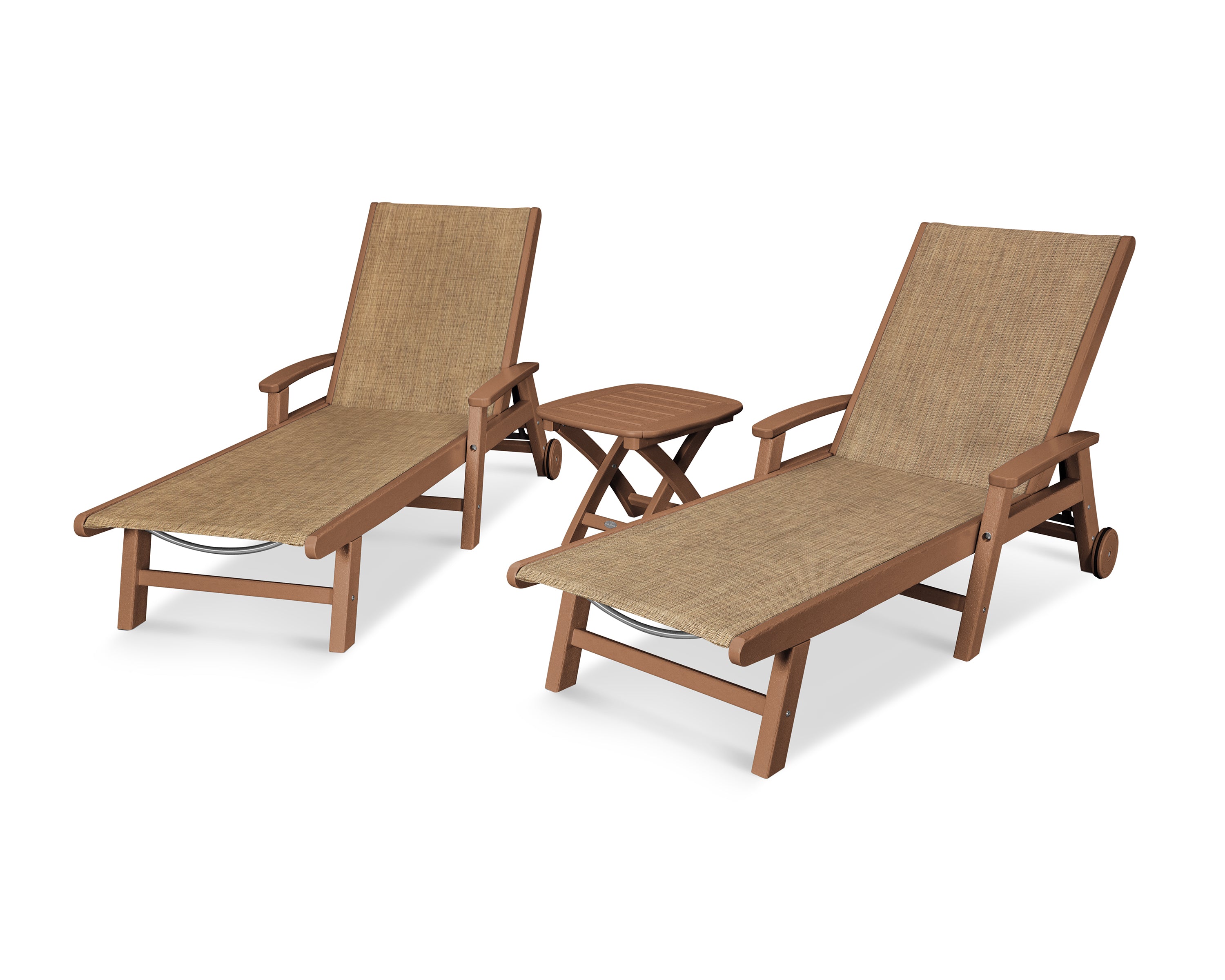 POLYWOOD® Coastal 3-Piece Wheeled Chaise Set in Teak / Burlap Sling