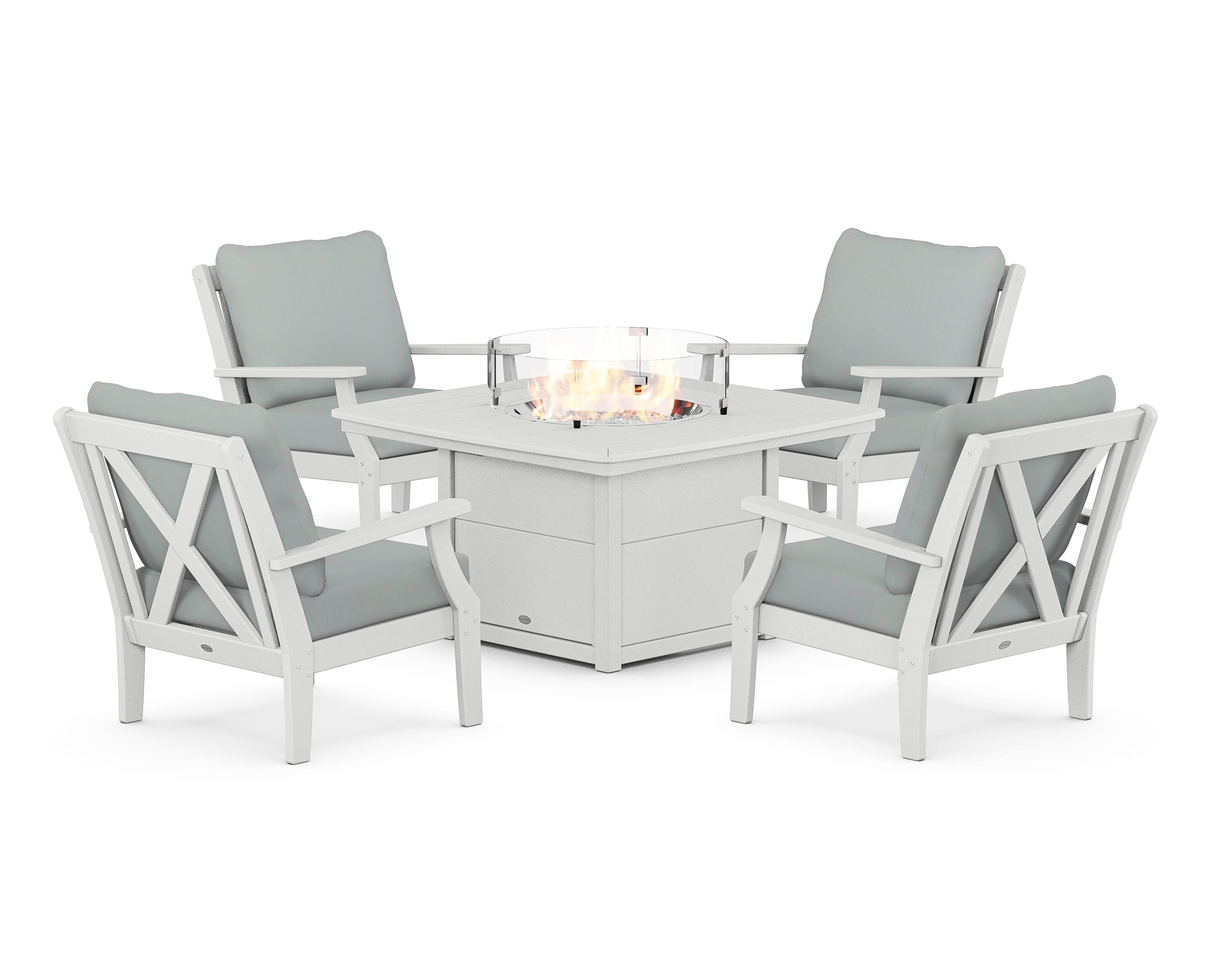 POLYWOOD® Braxton 5-Piece Deep Seating Conversation Set with Fire Pit Table in White / Spa