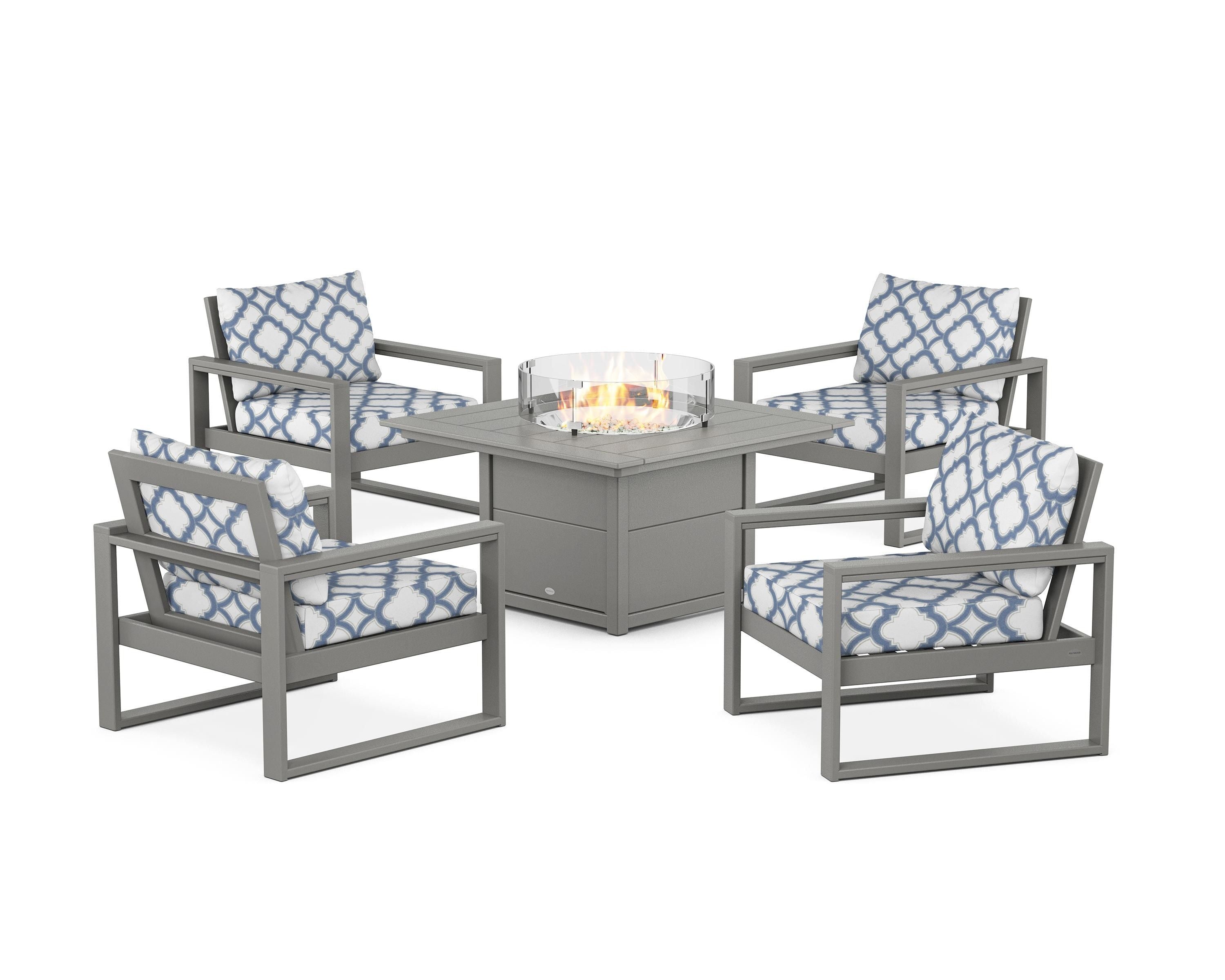 POLYWOOD® EDGE Sectional 5-Piece Deep Seating Set with Fire Pit Table in Slate Grey / Trellis Sky Blue
