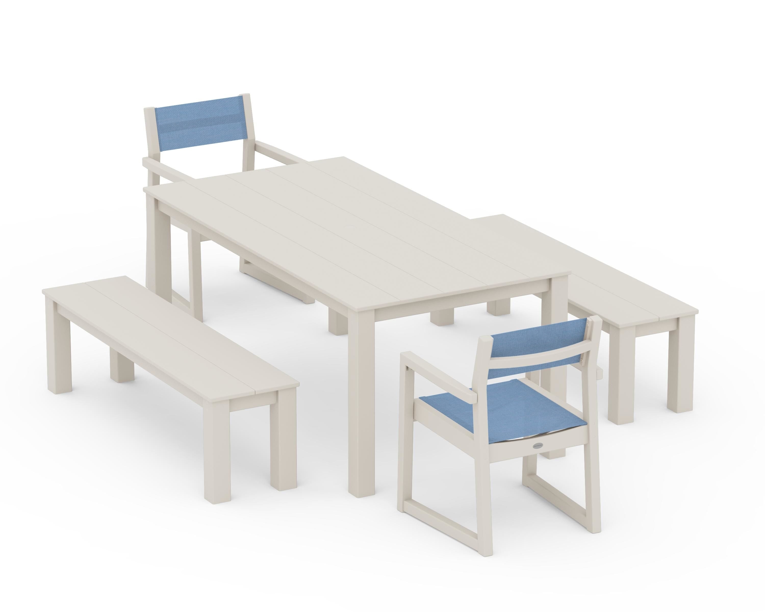 POLYWOOD® EDGE Sling Arm Chair 5-Piece Parsons Dining Set with Benches in Sand / Poolside Sling