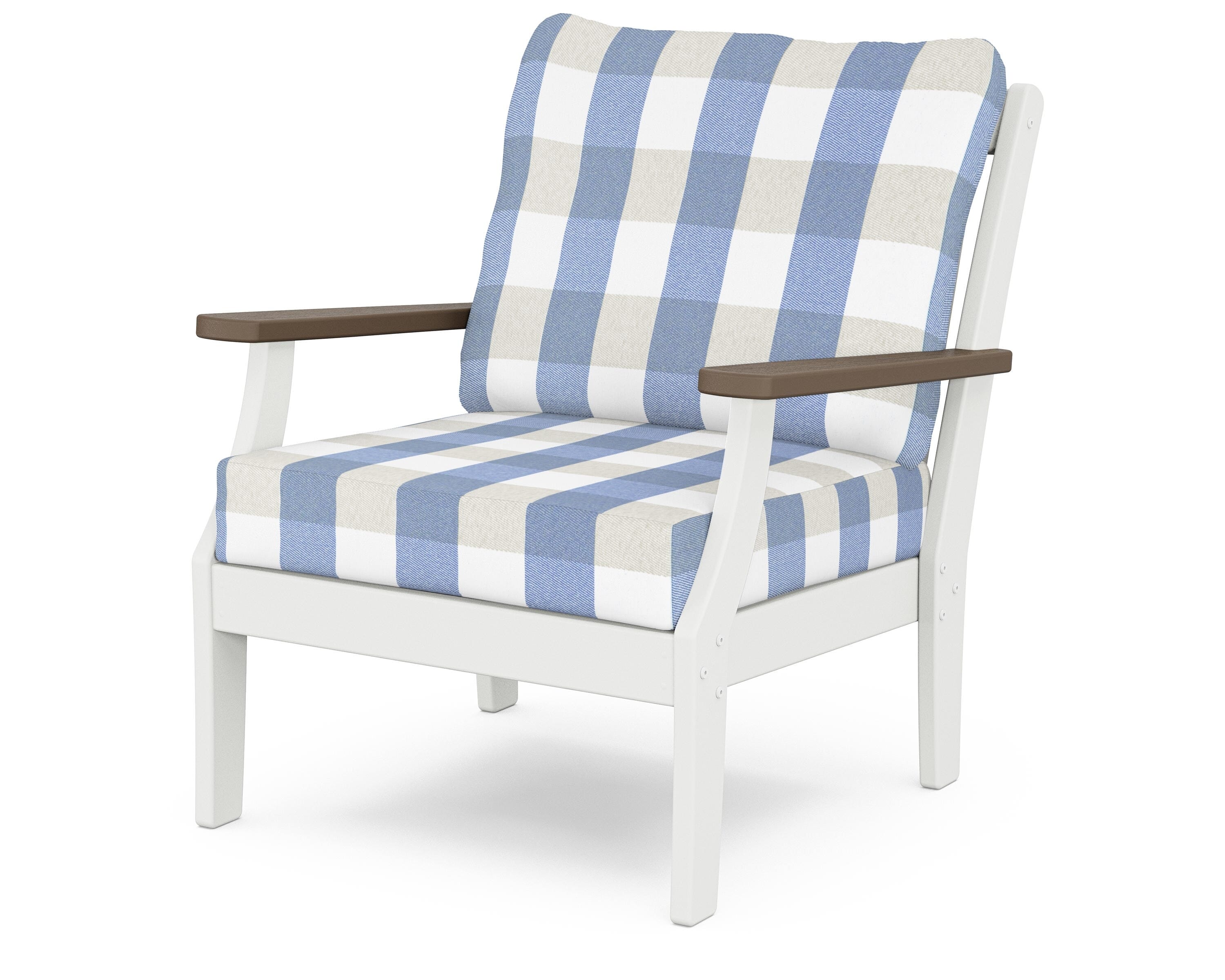 POLYWOOD® Braxton Deep Seating Chair in White / Kona / Buffalo Plaid Sky Blue