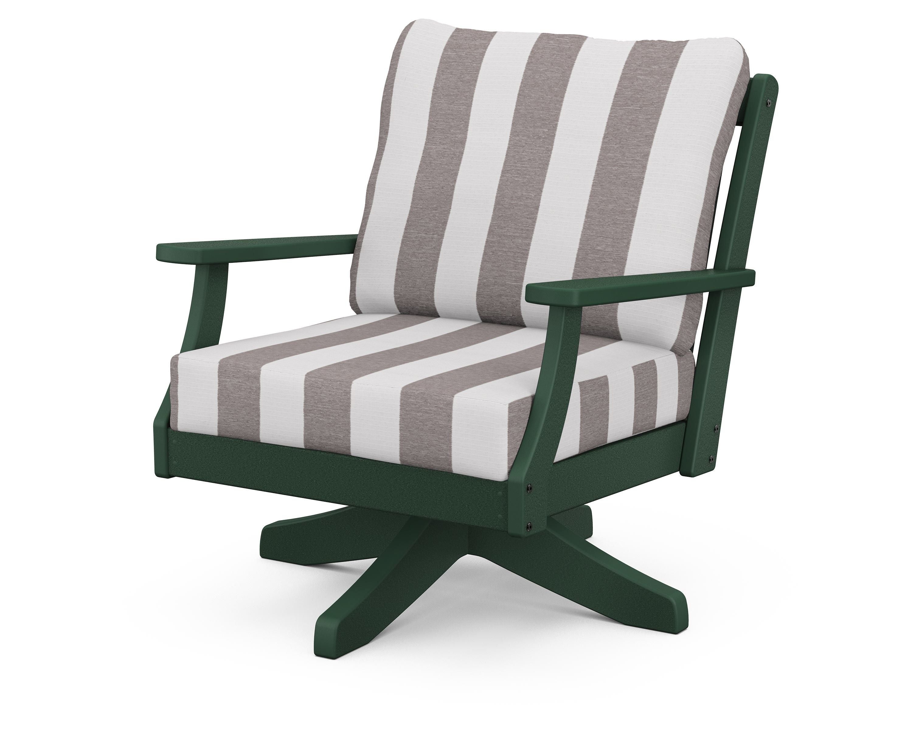 POLYWOOD® Braxton Deep Seating Swivel Chair in Green / Cabana Stripe Grey Mist