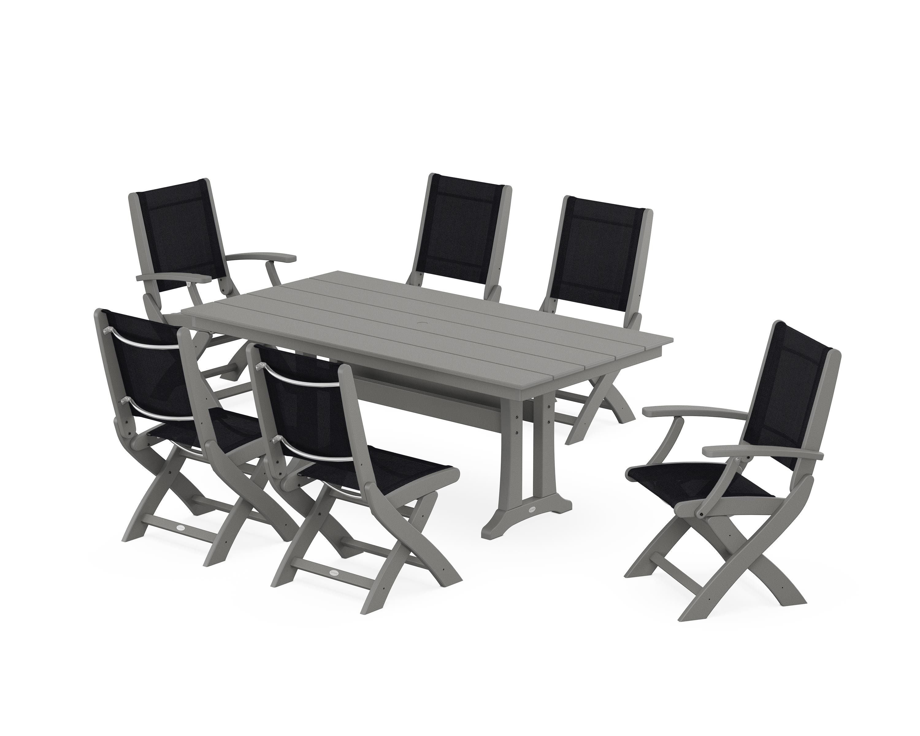 POLYWOOD® Coastal Folding Chair 7-Piece Farmhouse Dining Set with Trestle Legs in Slate Grey / Black Sling