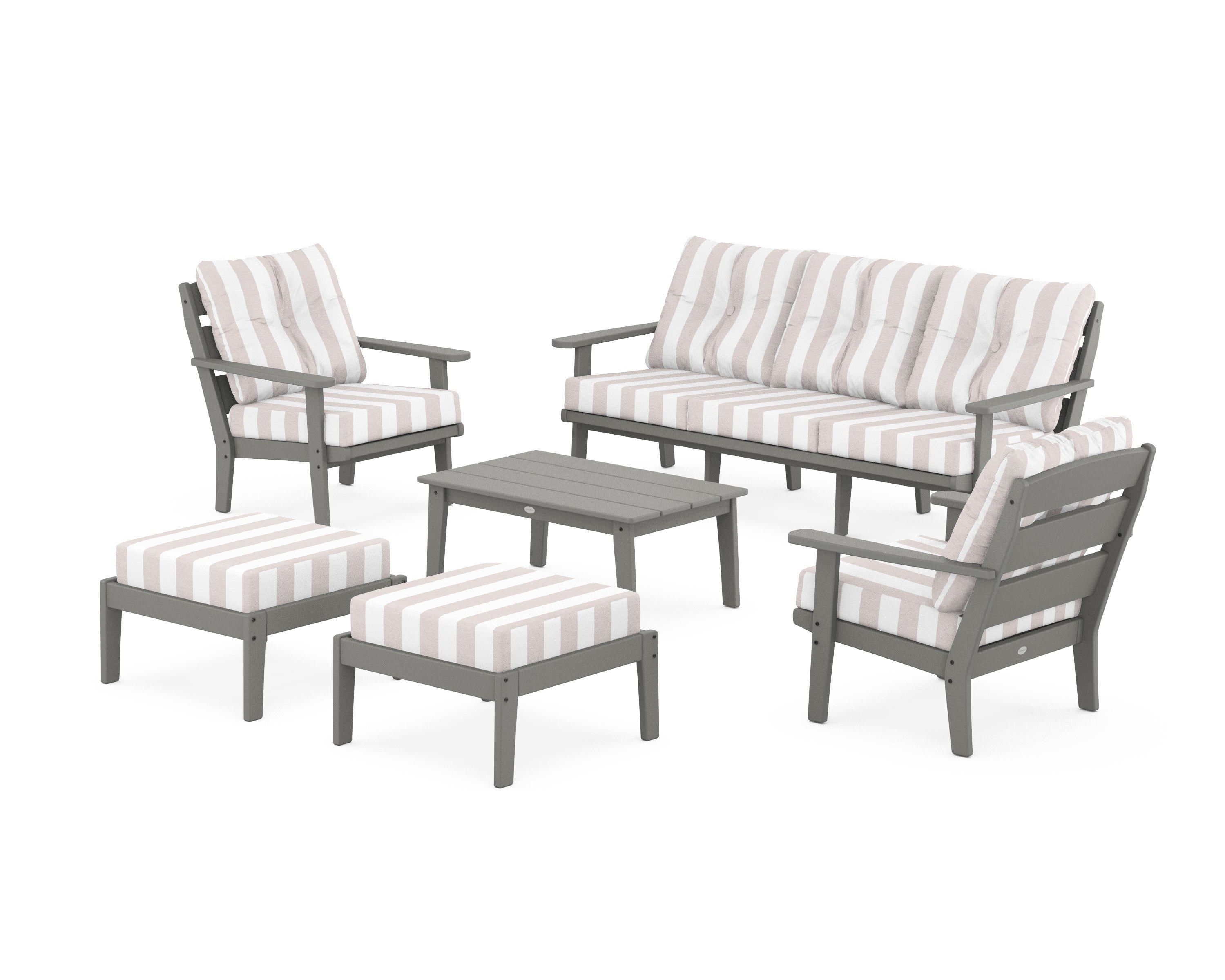 POLYWOOD® Lakeside 6-Piece Lounge Sofa Set in Slate Grey / Cabana Stripe Dune Burlap
