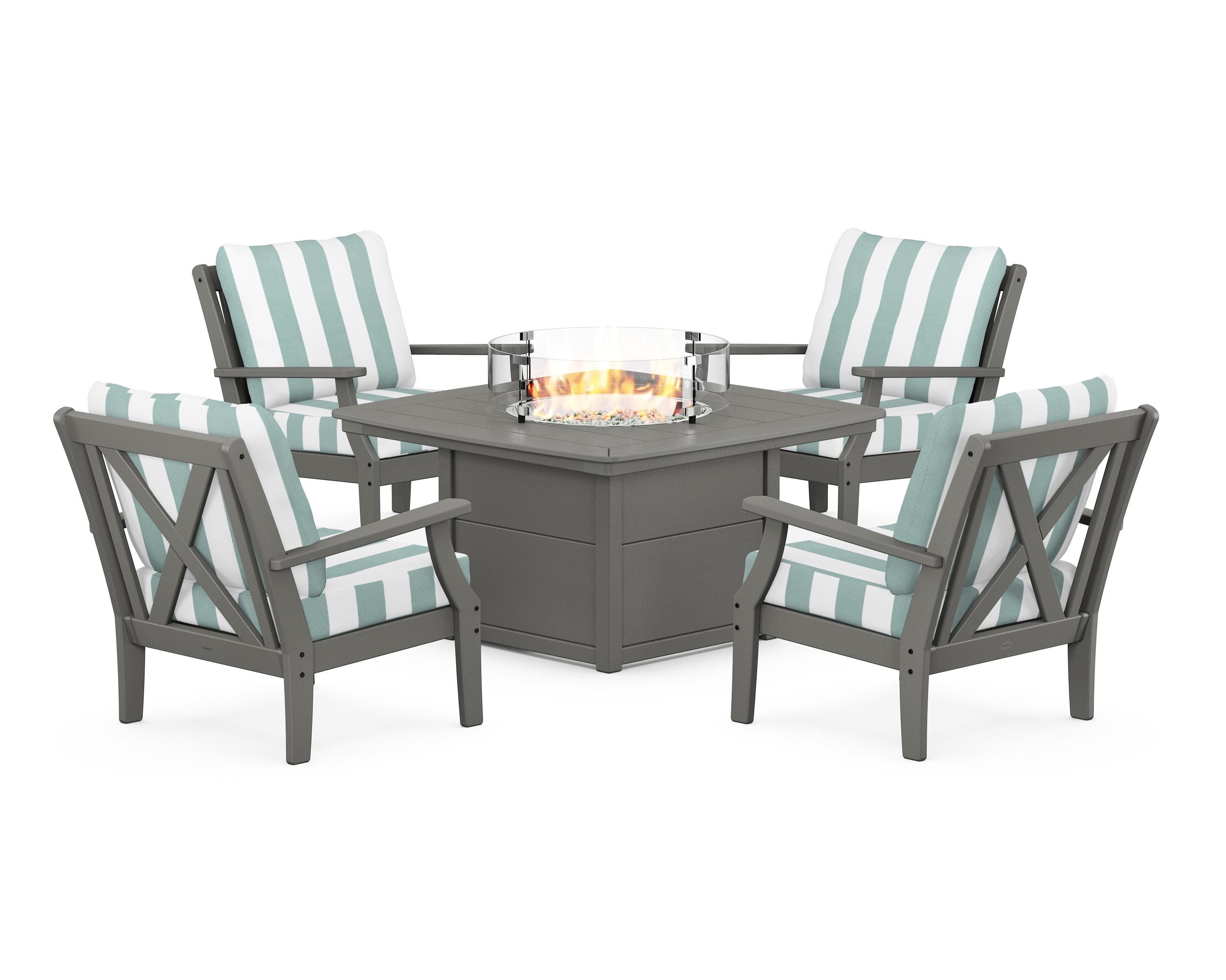 POLYWOOD® Braxton 5-Piece Deep Seating Conversation Set with Fire Pit Table in Slate Grey / Cabana Stripe Glacier Spa