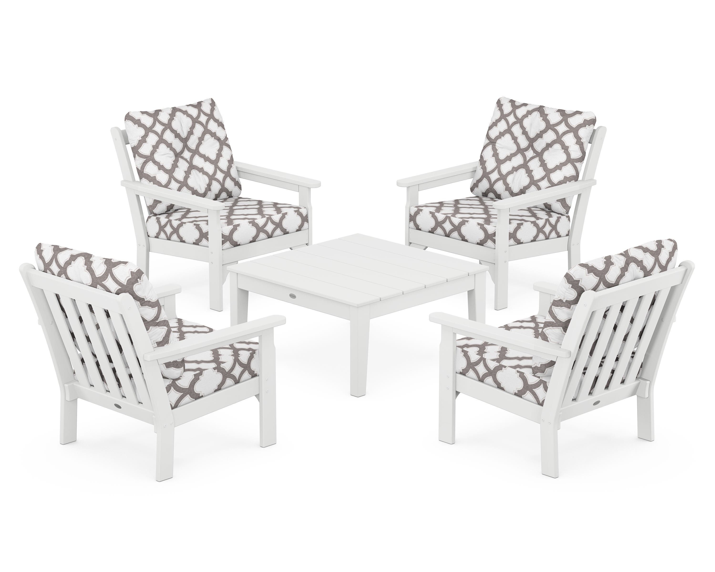 POLYWOOD® Vineyard 5-Piece Deep Seating Conversation Set in White / Trellis Grey Mist