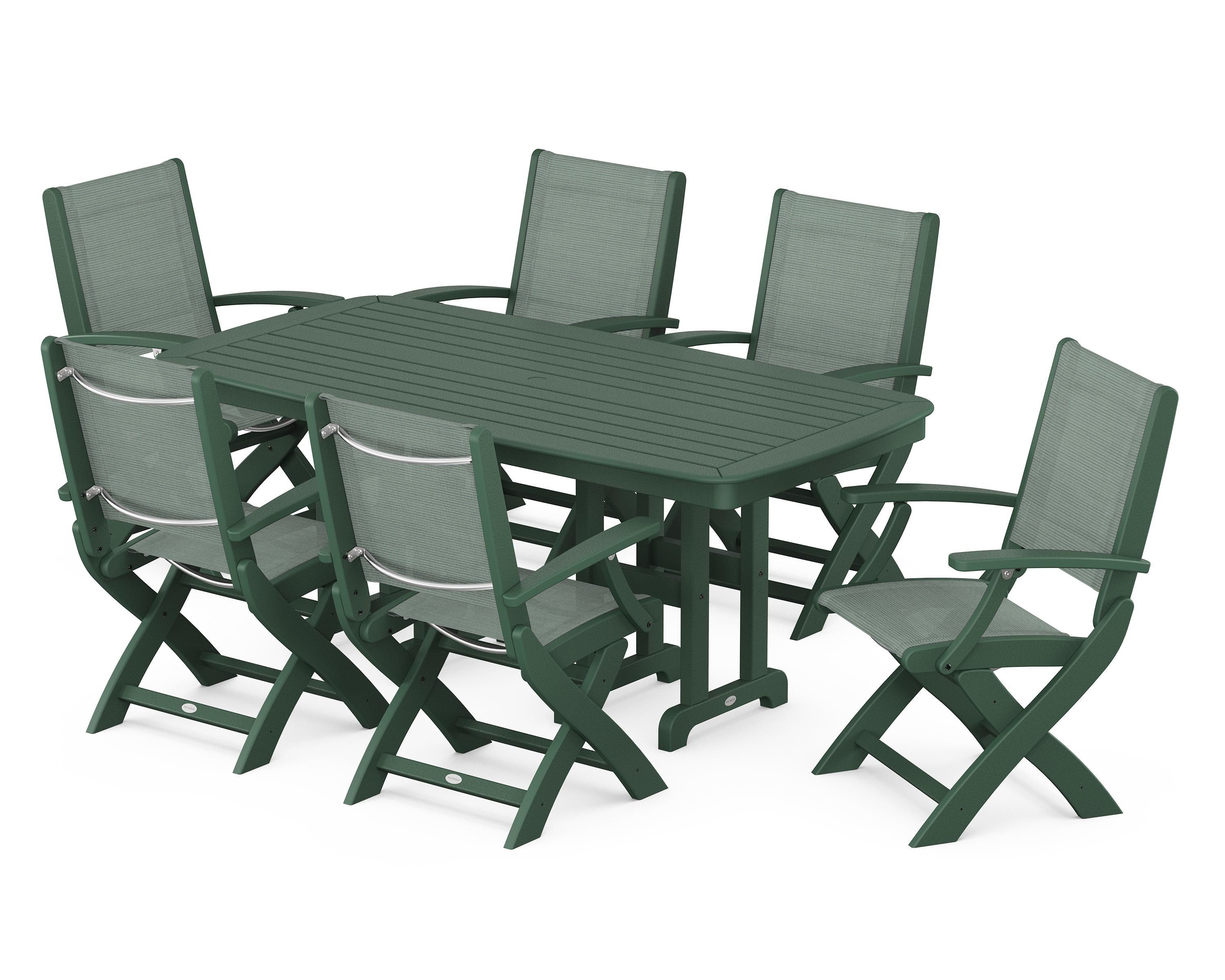 POLYWOOD® Coastal Folding Arm Chair 7-Piece Dining Set in Green / Dupioni Sea Mist Sling
