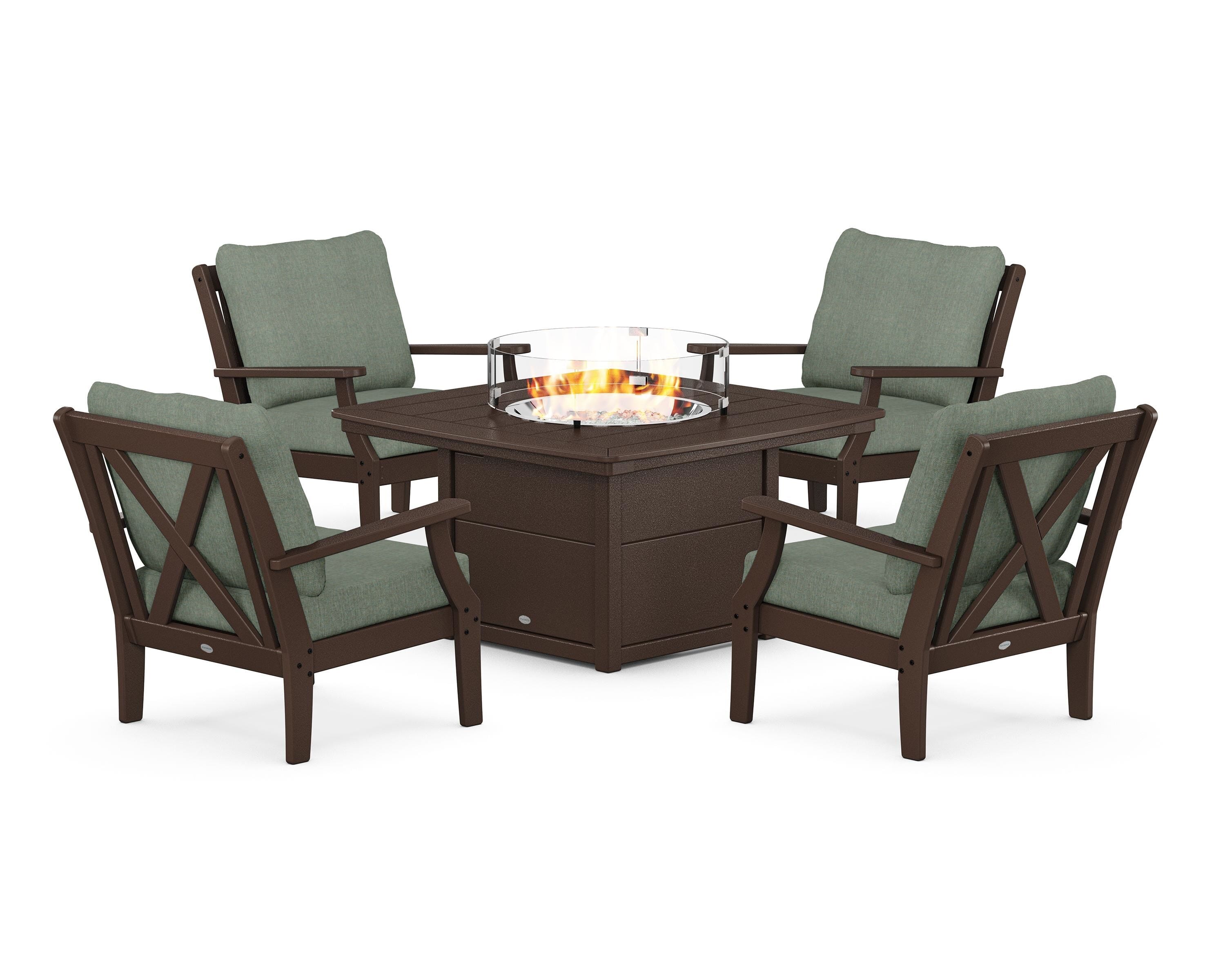 POLYWOOD® Braxton 5-Piece Deep Seating Conversation Set with Fire Pit Table in Mahogany / Cast Sage