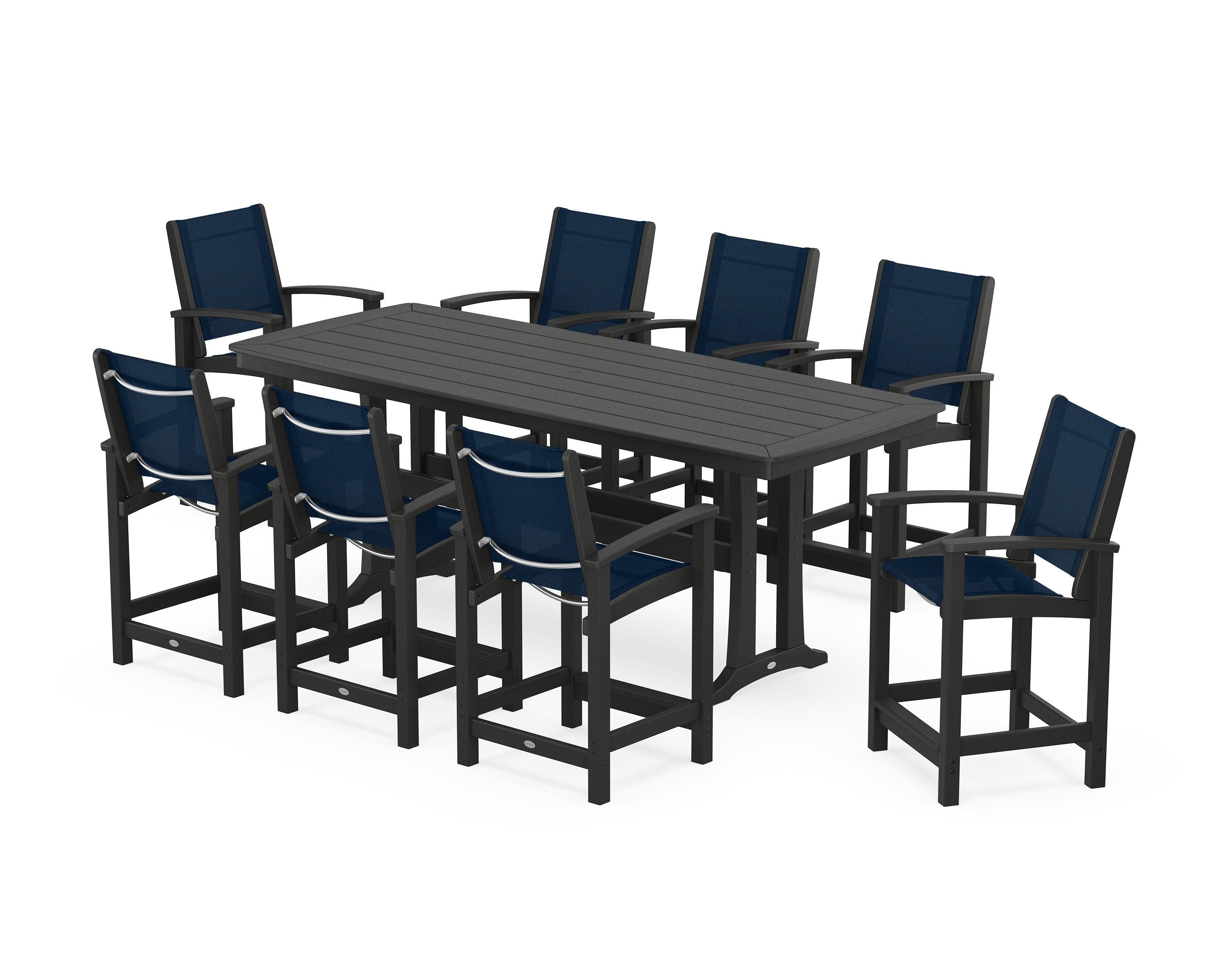 POLYWOOD® Coastal 9-Piece Counter Set with Trestle Legs in Black / Navy Blue Sling
