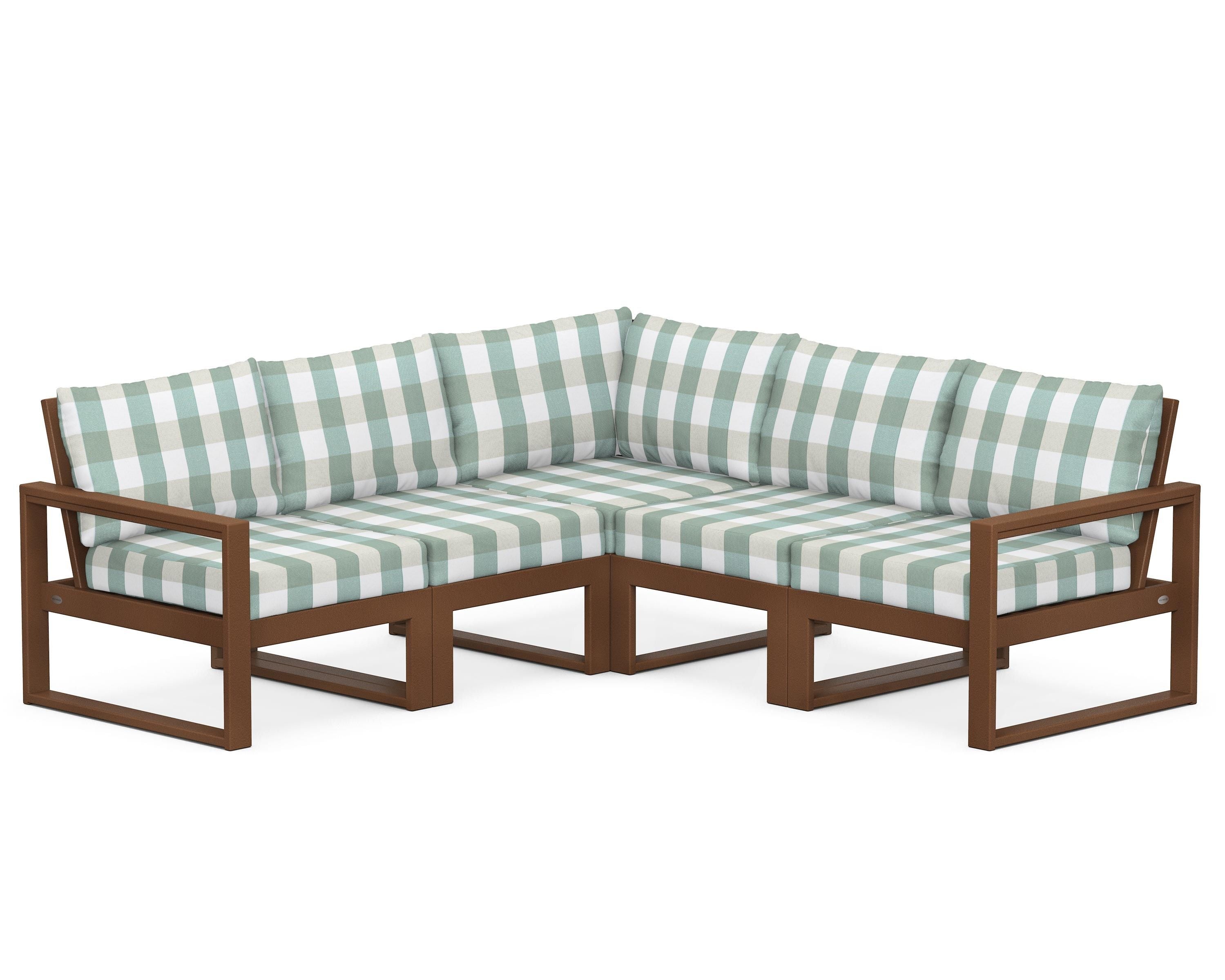 POLYWOOD® EDGE 5-Piece Modular Deep Seating Set in Teak / Buffalo Plaid Glacier Spa