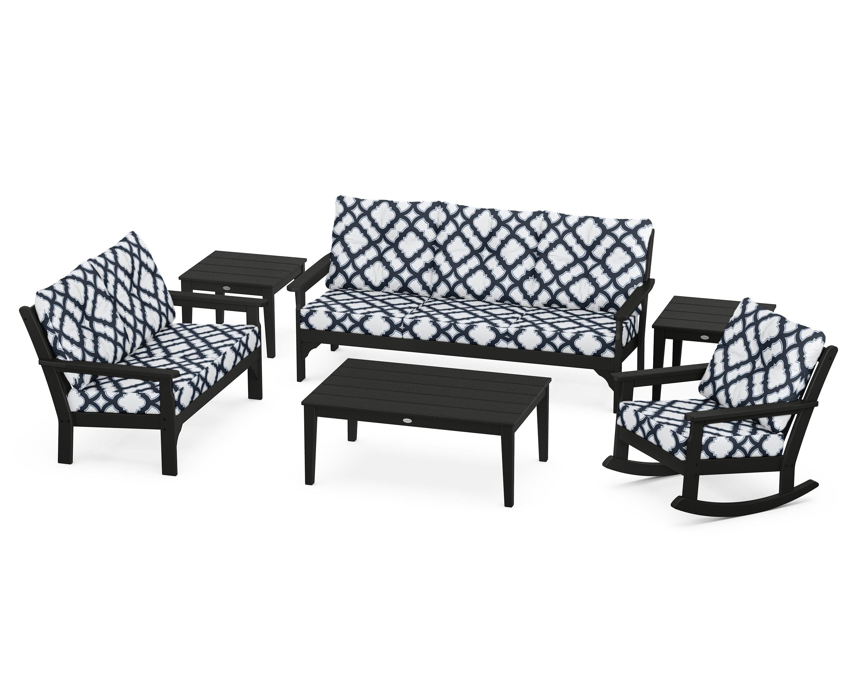 POLYWOOD® Vineyard 6-Piece Deep Seating Set in Black / Trellis Marine Indigo