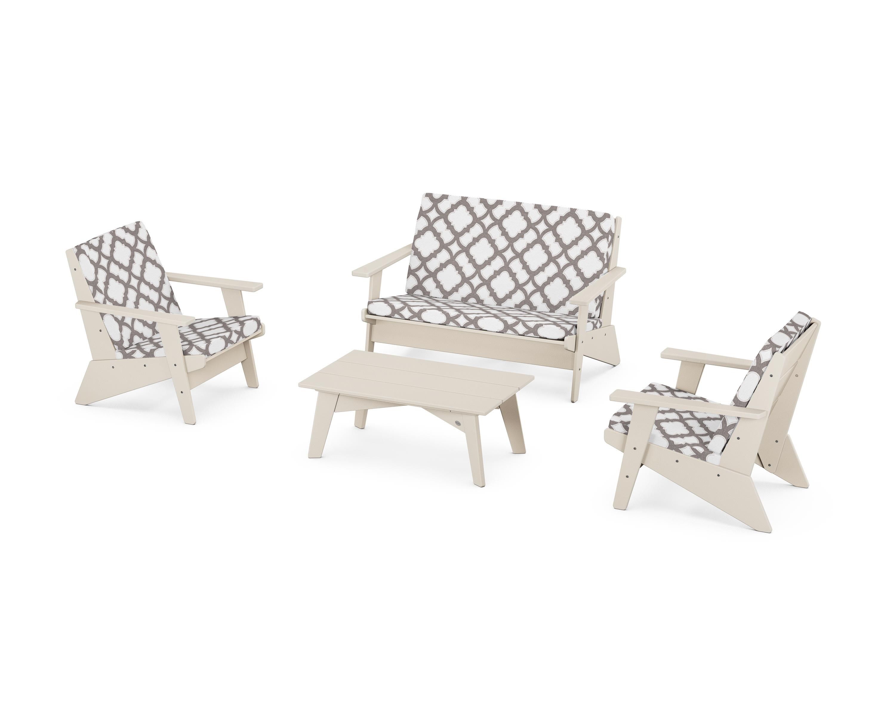 POLYWOOD® Riviera Modern Lounge 4-Piece Set in Sand / Trellis Grey Mist