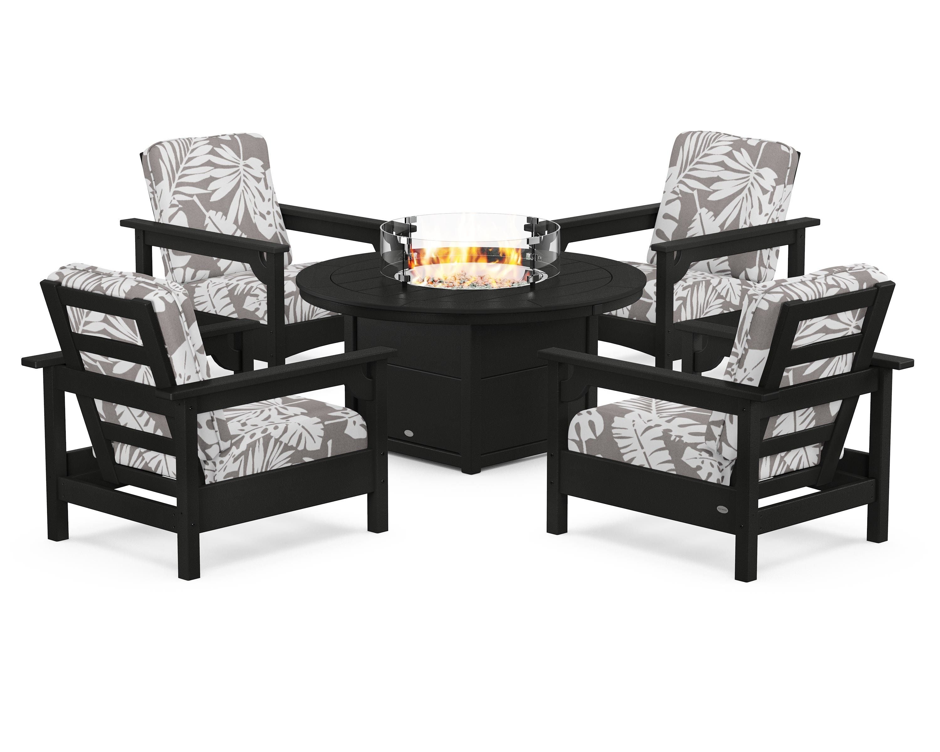 POLYWOOD® Club 5-Piece Conversation Set with Fire Pit Table in Black / Leaf Grey Mist
